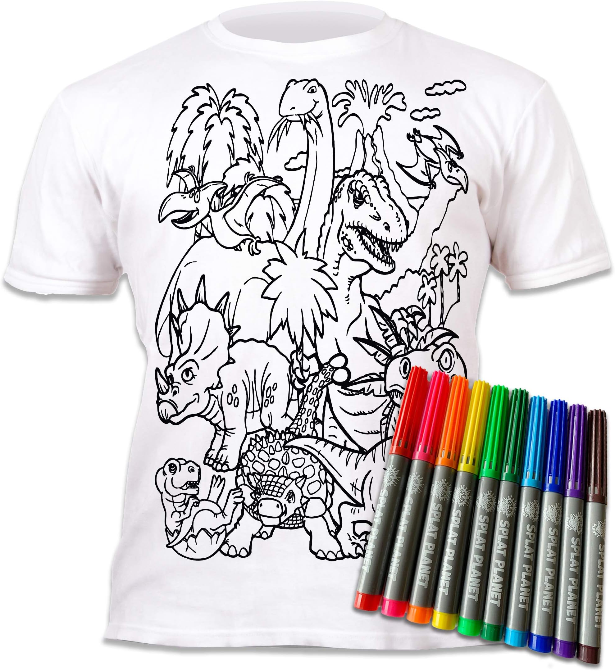 Splat Planet Colour-in Dinosaur T-Shirt with 10 Washable Magic Pens - Colour Your own, Colour-in and Wash Out T Shirt