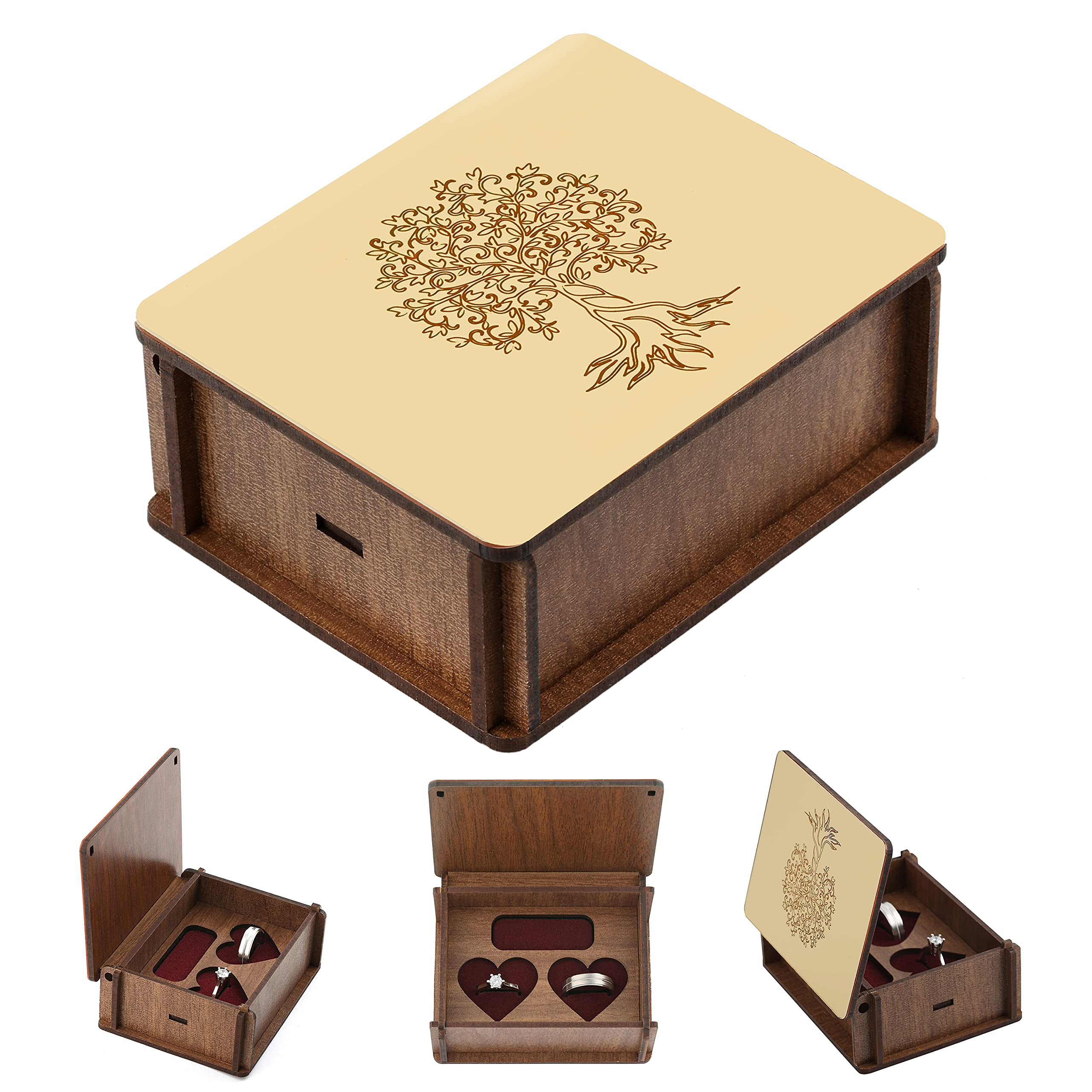 LUCCE Wood Ring Bearer Box Rustic - Gold Ring Box for Wedding Ceremony 2 Rings Wooden - Golden Mirror Effect Tree of Life Pattern Rustic Wedding Decorations for Ceremony, Wood Storage Jewelry Gift Box