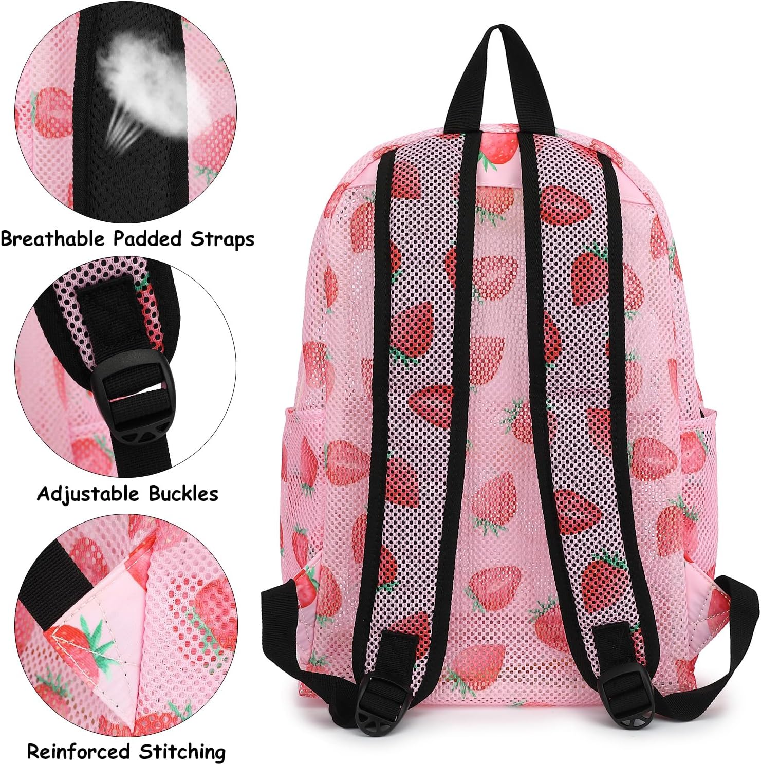 Mesh School Backpack for Girls Women, Heavy Duty See Through College Bookbag School Bag with Storage Bag (Strawberry)