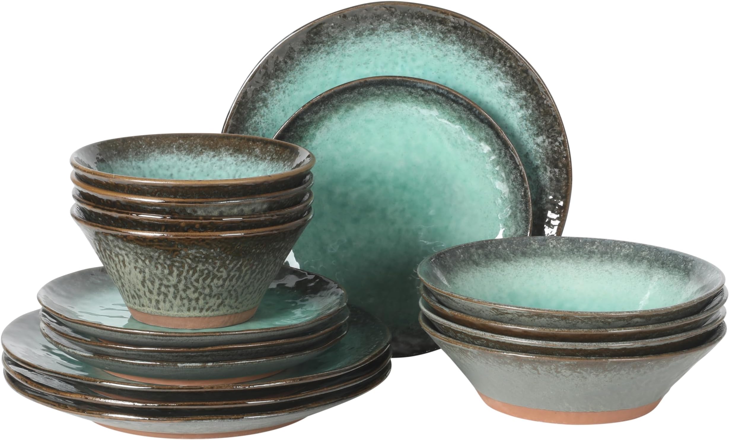Green Lantern Service for 4 (16 Piece) Double Bowl Dinnerware Set, Teal, Soft Gray, Dinnerware Set