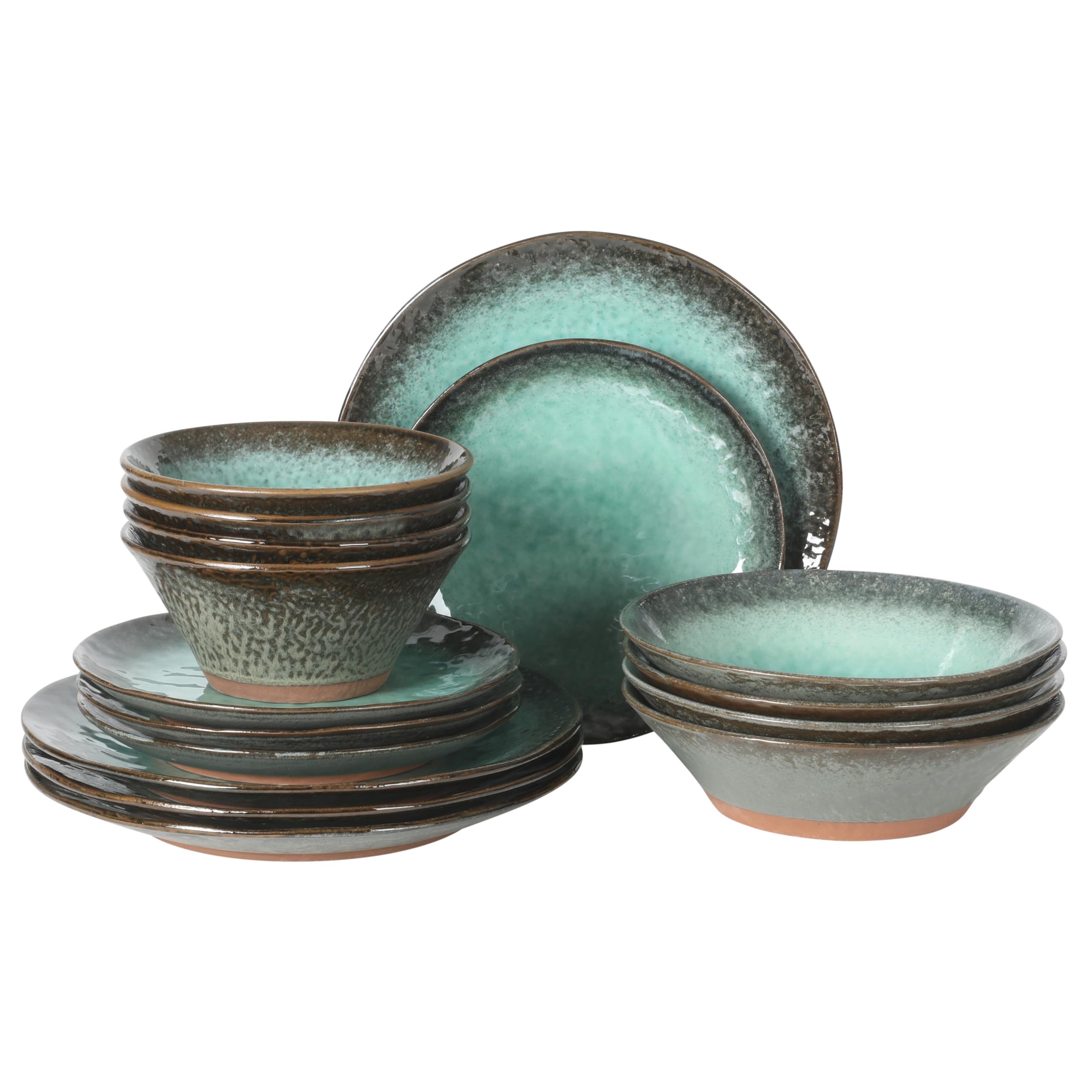 Green Lantern Service for 4 (16 Piece) Double Bowl Dinnerware Set, Teal, Soft Gray, Dinnerware Set