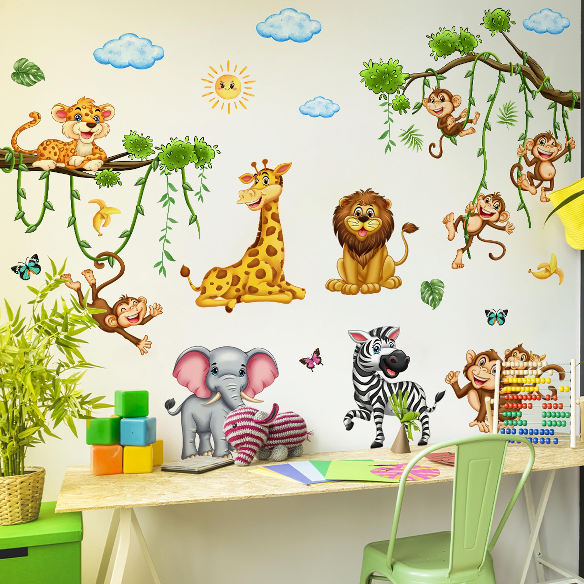 Cute Jungle Theme Wall Stickers Removable Animal Forest Elephant Monkey Lion Giraffe Zebra Peel and Stick Tropical Wall Art Decor for Nursery Bedroom-image-8
