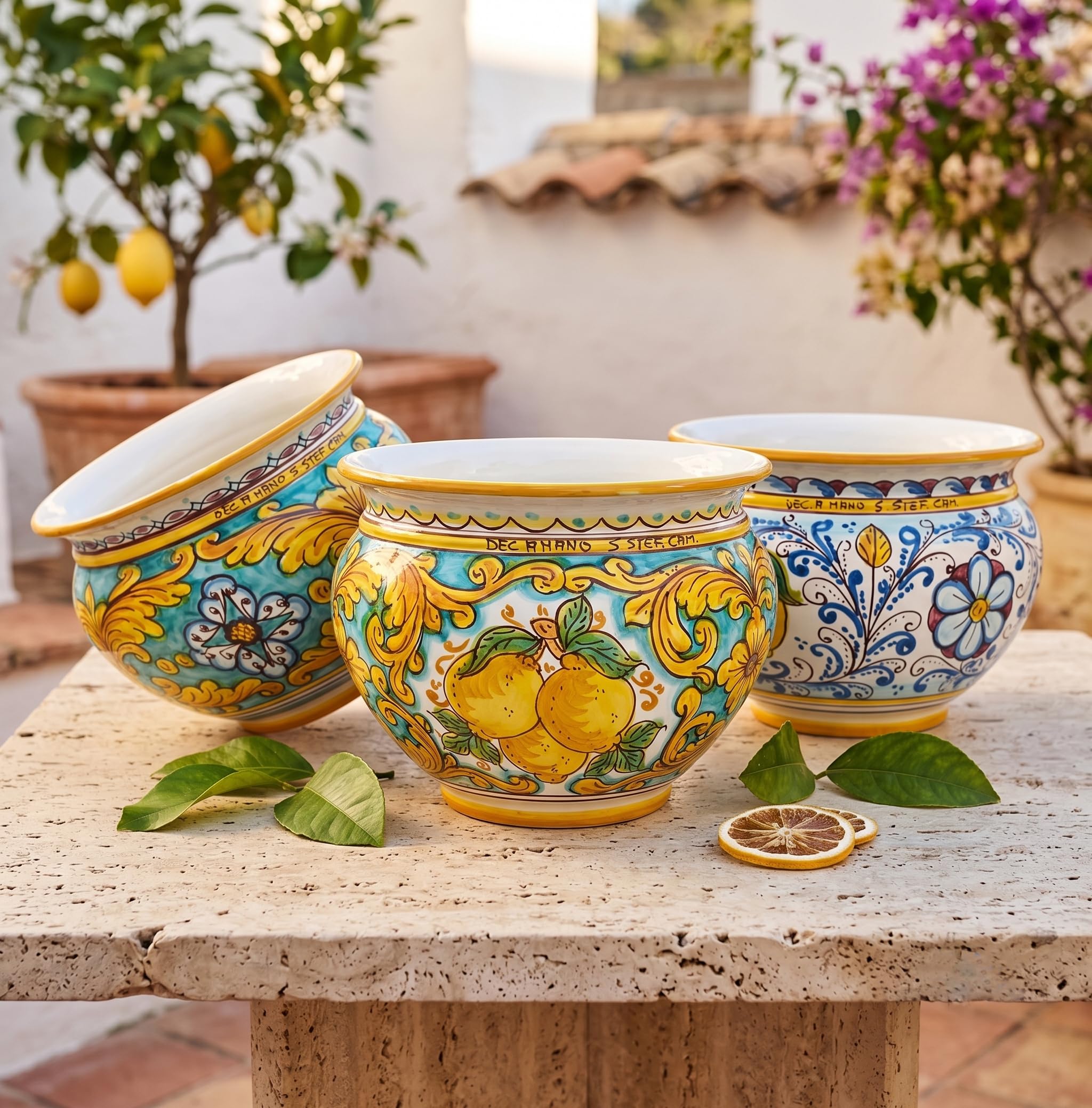 Cachepot Vaso in Ceramica siciliana Realizzato e Decorato a Mano Santo Stefano di Camastra Art. Limoni D 28
