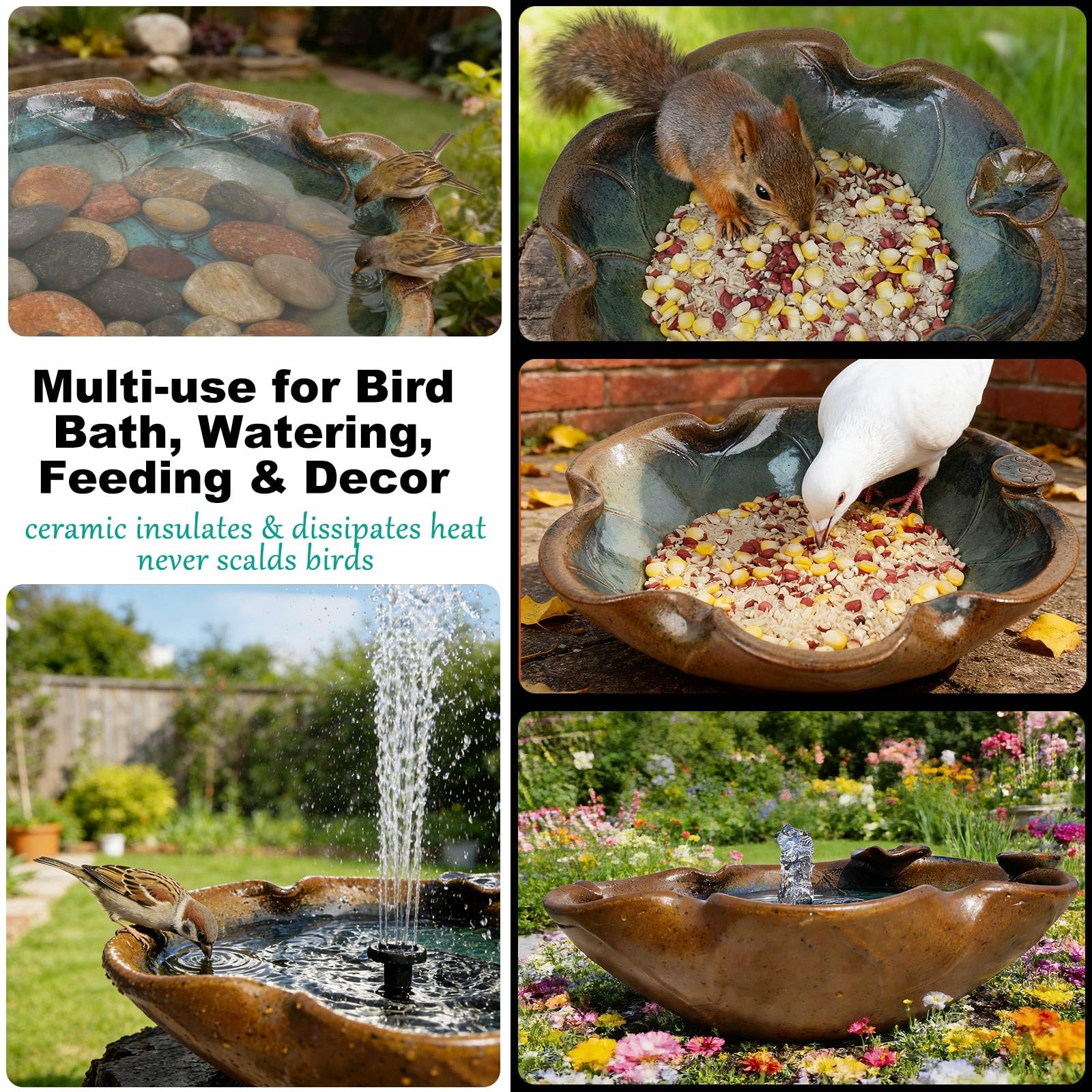 Vogeltränke aus Keramik, Solarbrunnen, 32,5 cm, robuste Keramik-Vogeltränke für den Außenbereich, Wasserbrunnen, Wildtier-Trinkstation und Bodenfutterstation, Garten-Terrassen-Dekor