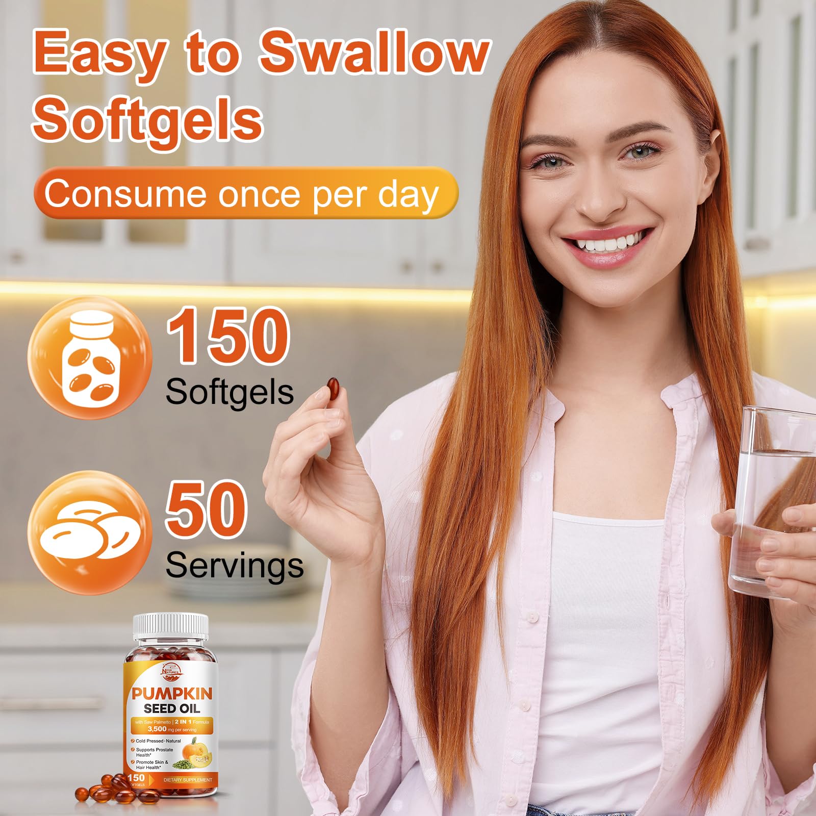 Pumpkin Seed Oil with Saw Palmetto, 3500mg Max Strength per Serving, 150 Softgels, Cold-Pressed with Essential Fatty Acids & Phytosterols, Supports Immune, Hair, Bladder & Prostate Health