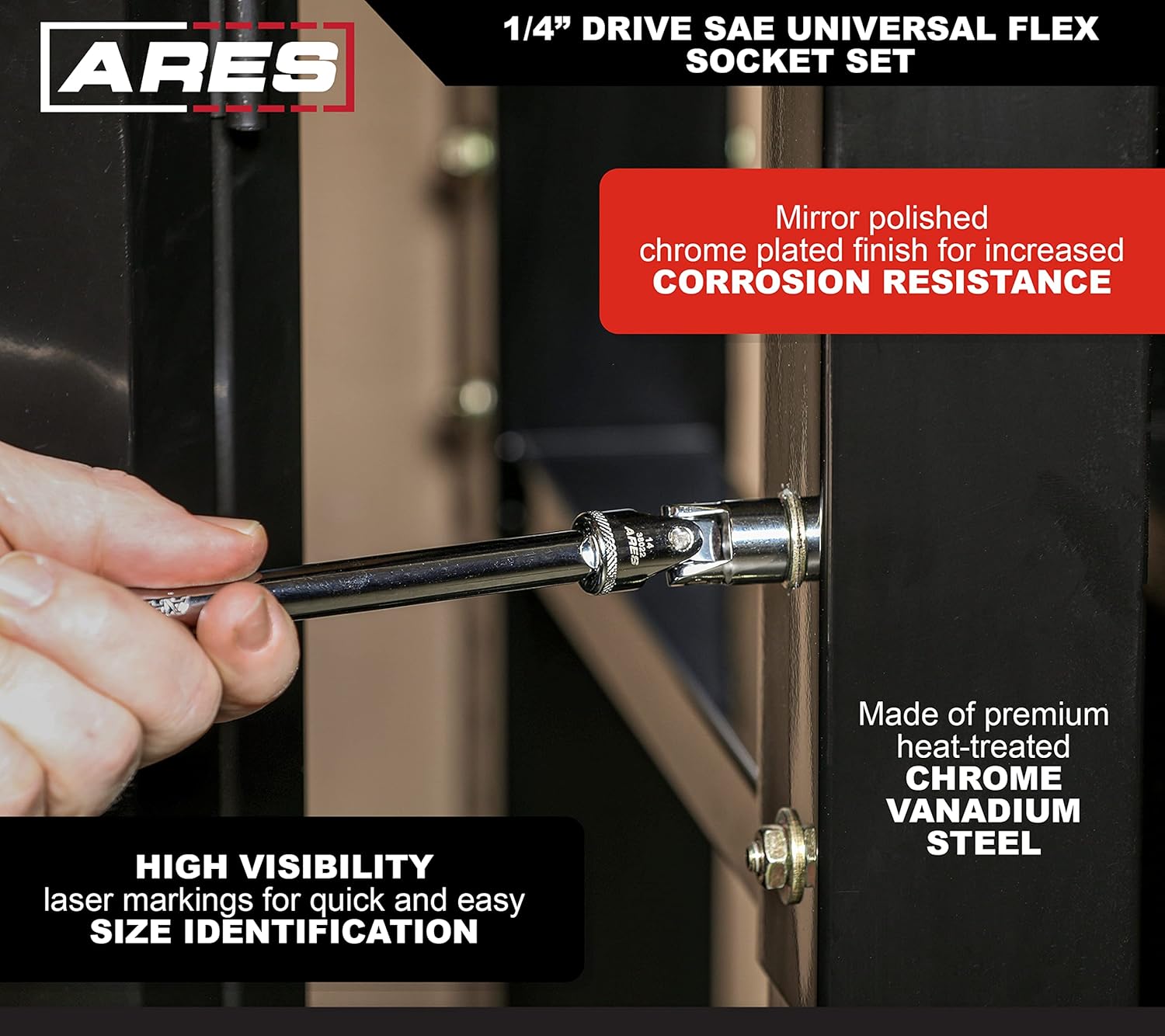 ARES 39014 – 7-Piece 1/4-Inch Drive SAE Universal Flex Socket Set – 6-Point Sockets from 3/16-Inch to 9/16-Inch - Universal Joint Flex Design For 360 Degree Access – High Visibility Laser Markings