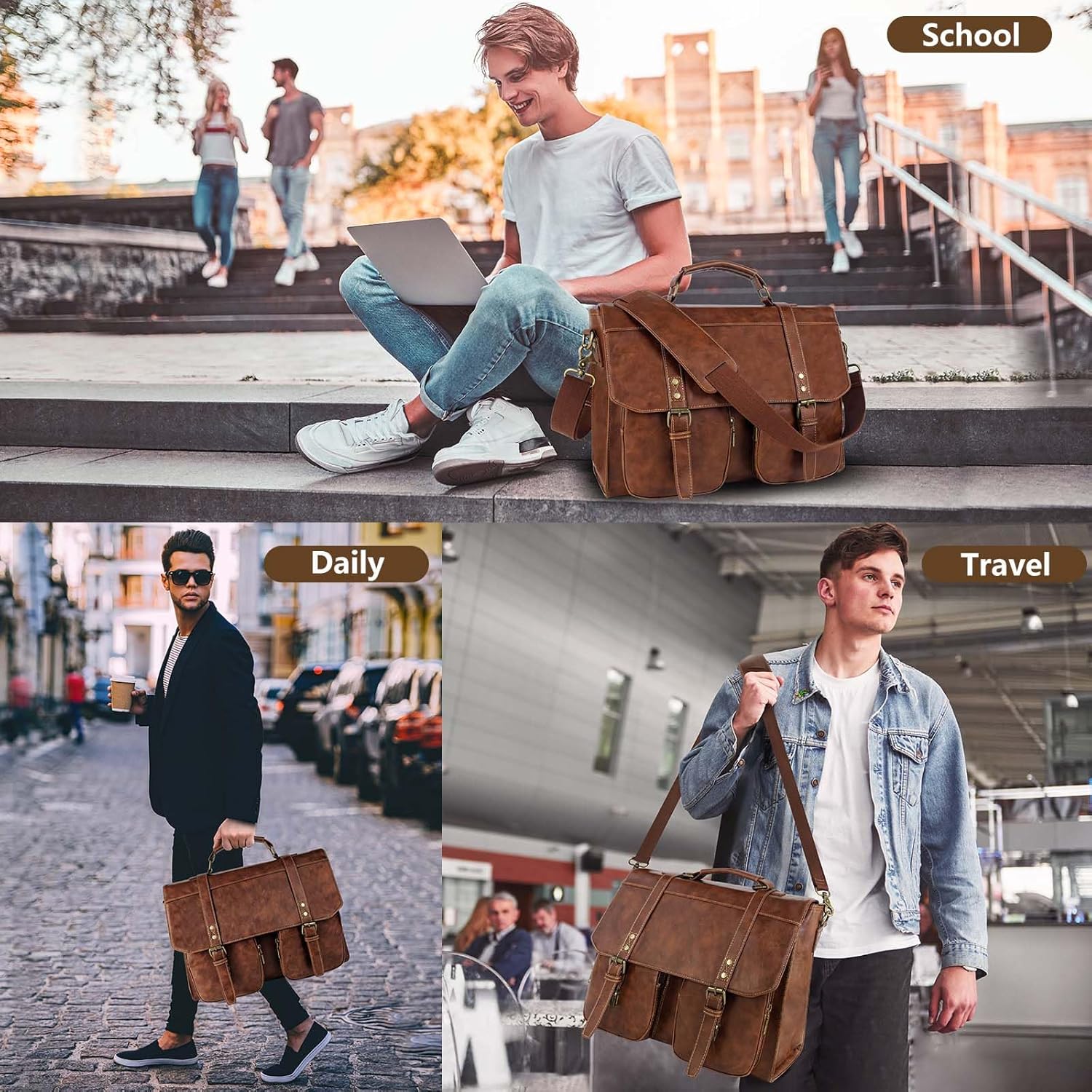 Wogarl Messenger Bag for Men 15.7 inch: Vintage PU Leather Briefcase Large Computer Laptop Bag for Office Business - Image 2