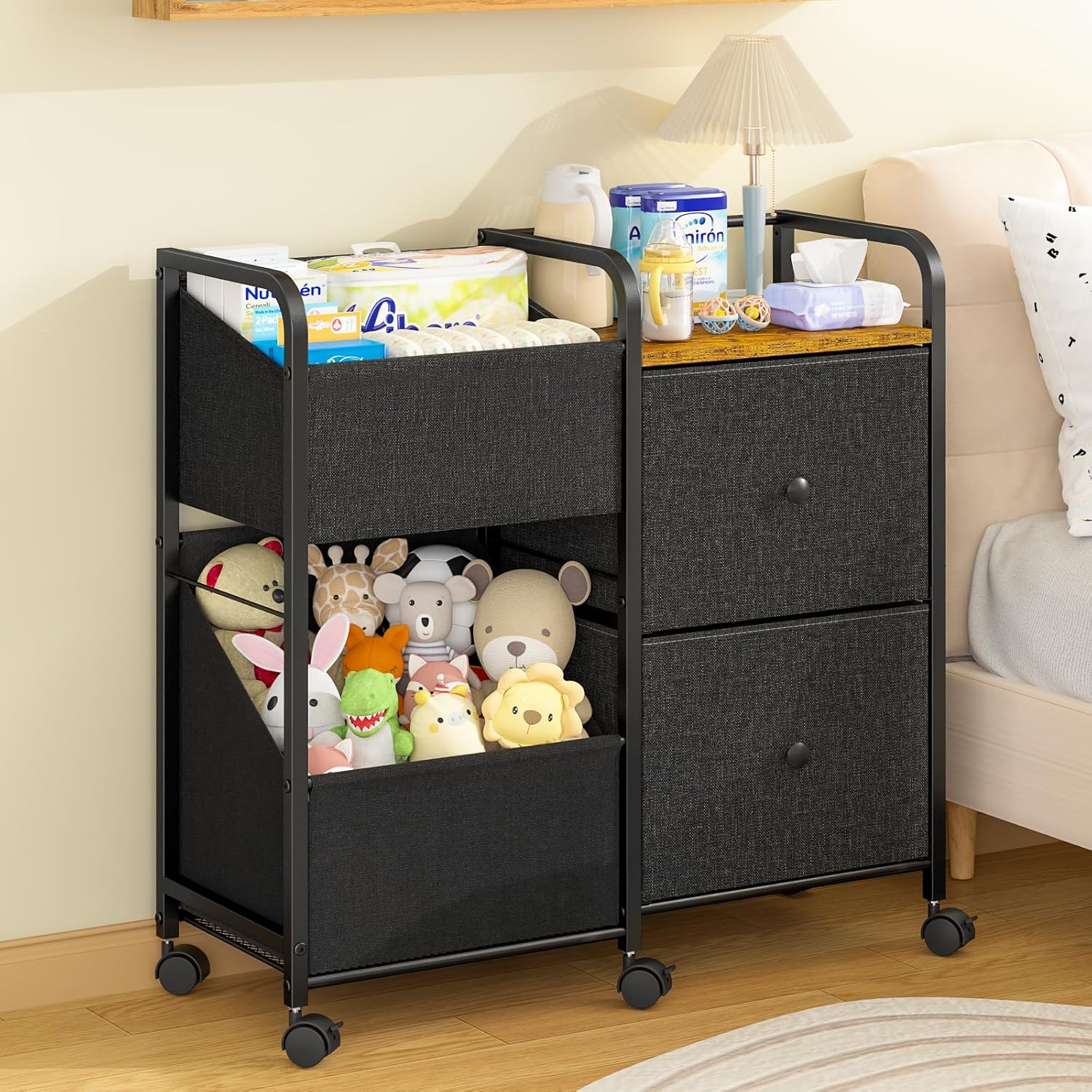 Baby Diaper Caddy Organizer Cart with Wheels, Rolling Cart with Dividers and Drawers, Mobile Utility Cart Bedside for Nursery, Bedroom, Baby Newborn Essentials Storage Cart, Black