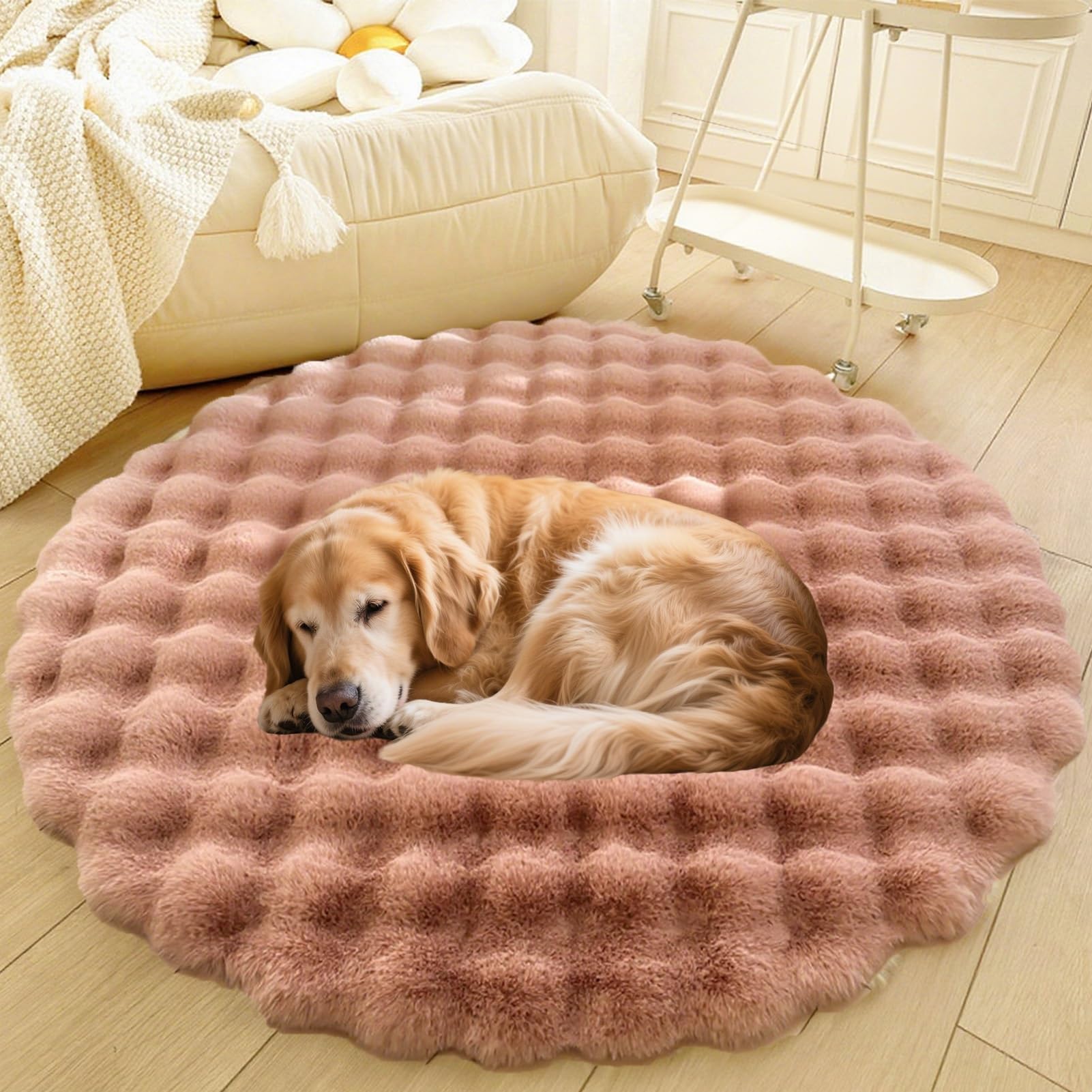 Divano per Cani E Gatti Con Fondo Antiscivolo, Tappeto Rotondo Lavabile, Moderno Letto A Pelo Lungo Da Posizionare Accanto Al Pavimento, Tappetino per Soggiorno(Pink,43in)