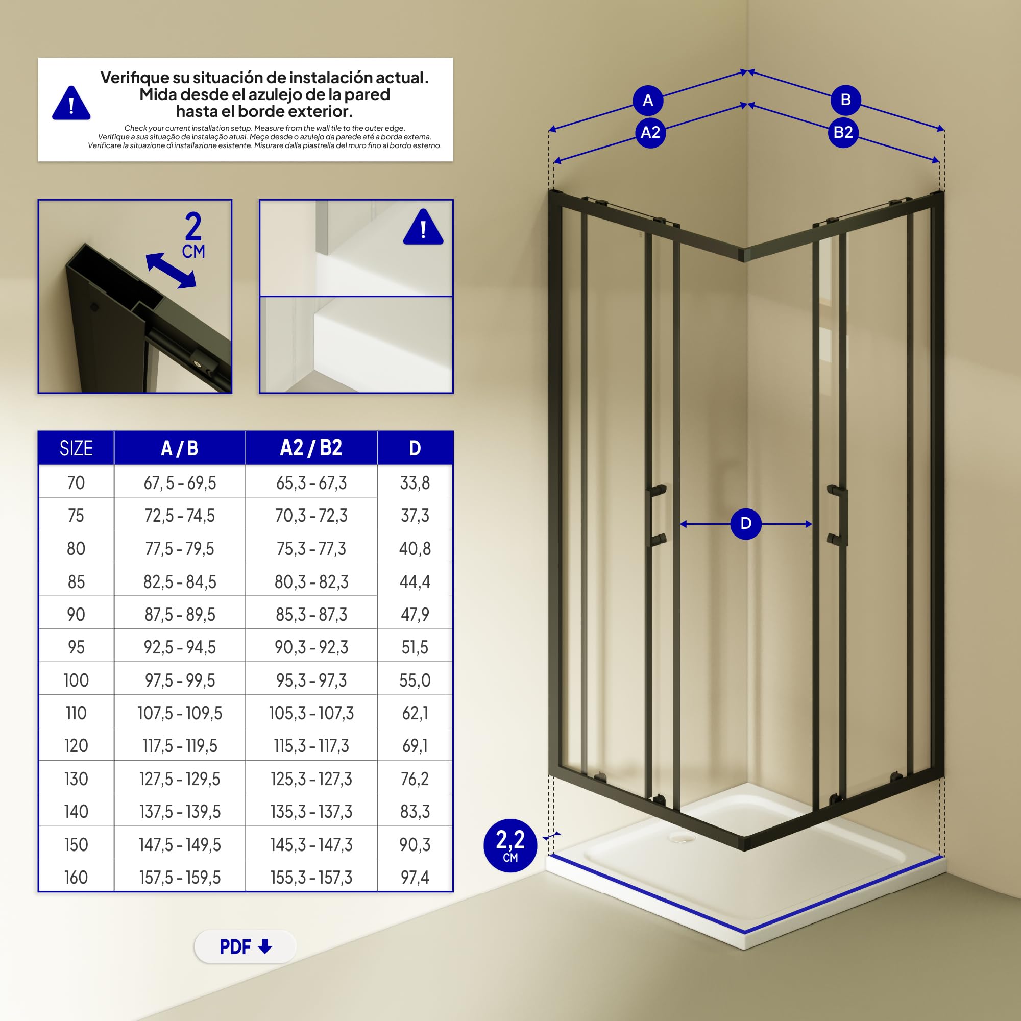 Mampara de Ducha Diana 70x70x180cm, REVERSIBLE, Puertas Correderas, Ajuste 67.5-69.5x67.5-69.5cm, Perfiles Negros, Cristal Templado Transparente 6mm