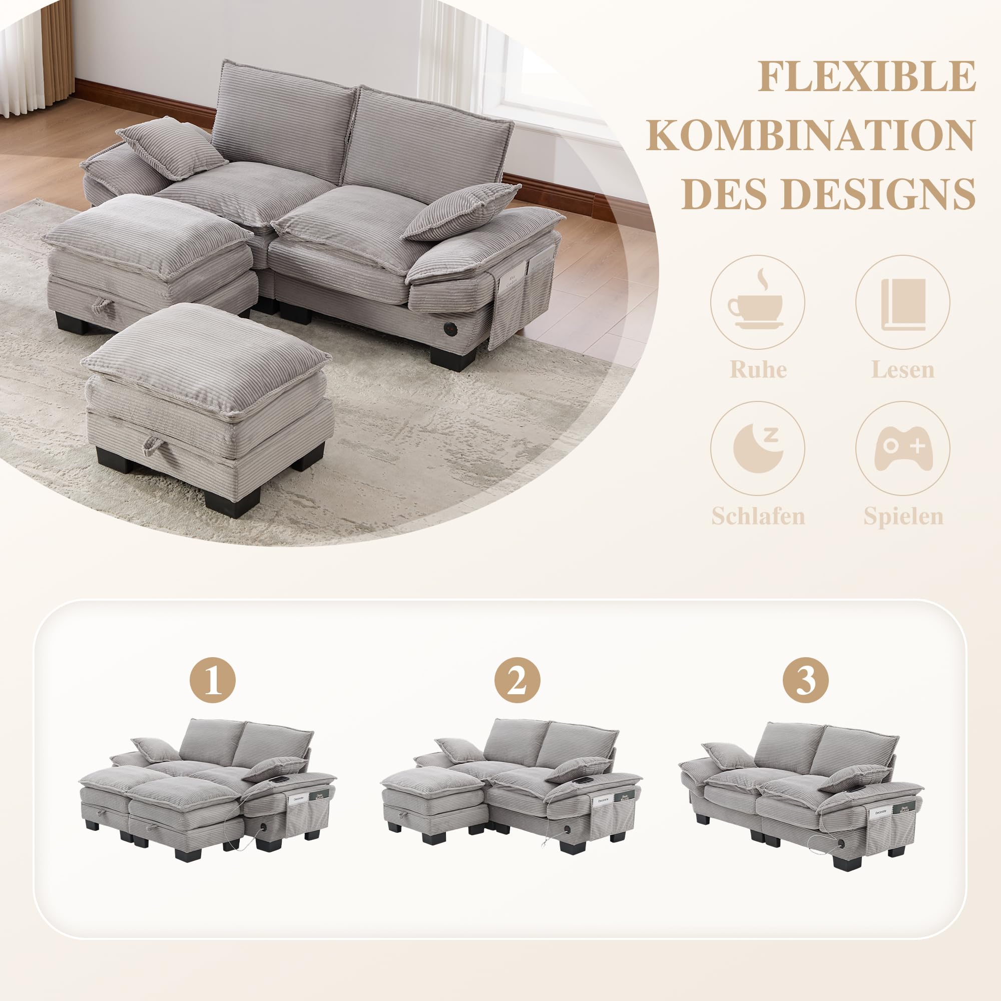 Modułowa sofa 2-osobowa z 2 taboretami, ergonomiczna szerokość siedziska z przyłączem C, sofa do salonu z bocznymi kieszeniami, do salonu, kolor jasnoszary