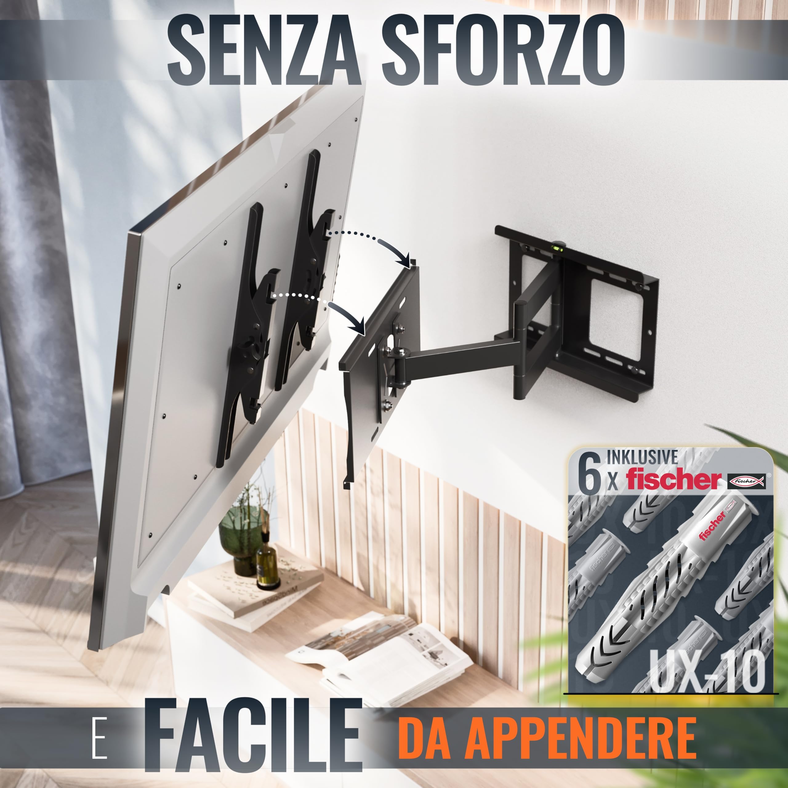 RICOO R23-F Supporto TV da parete Staffa TV 40-75 pollici per 40 43 50 55 65 75 pollici girevole inclinabile fino a 95 kg max VESA 400x400