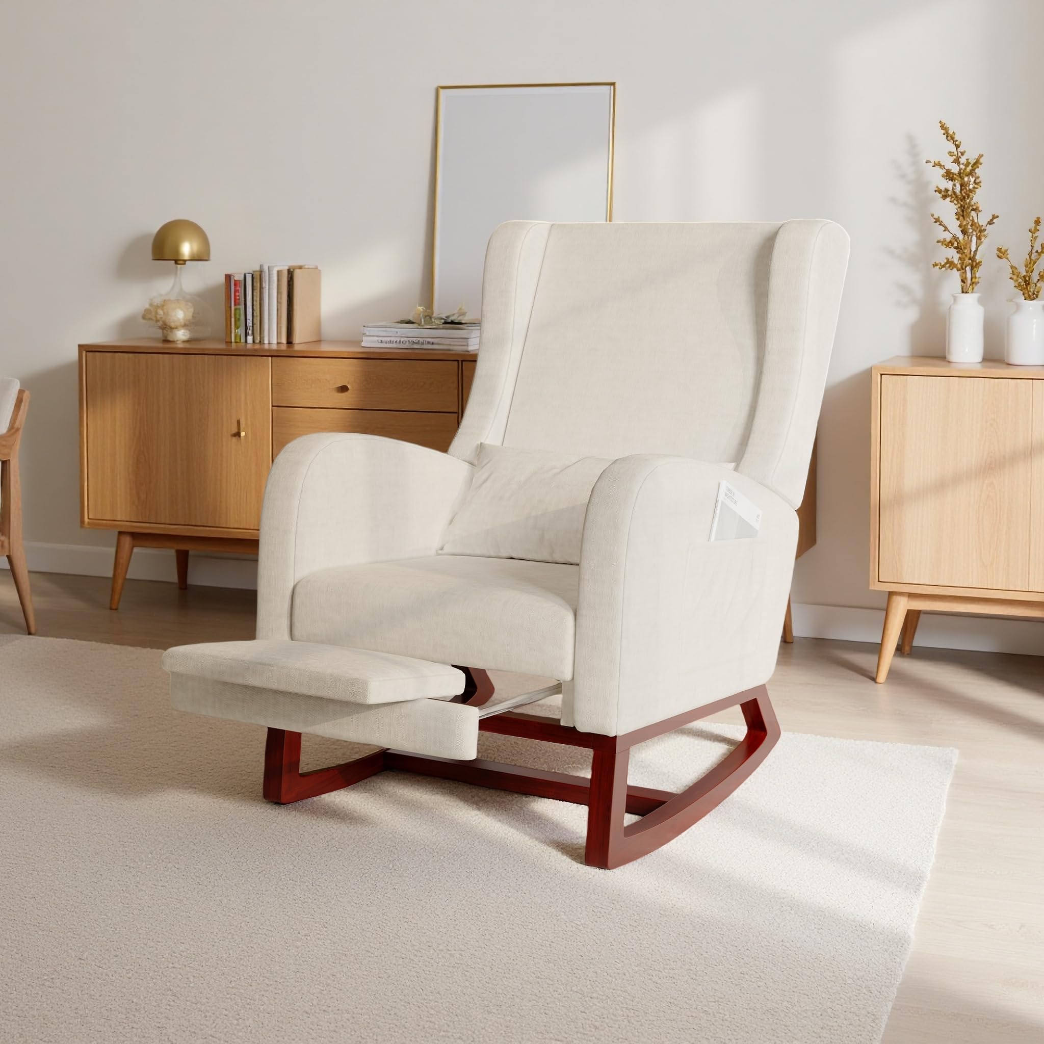 Mecedora de relax con reposapiés, sillón de lactancia, silla mecedora con respaldo alto, para salón, dormitorio, habitación de bebé, algodón y lino, beige