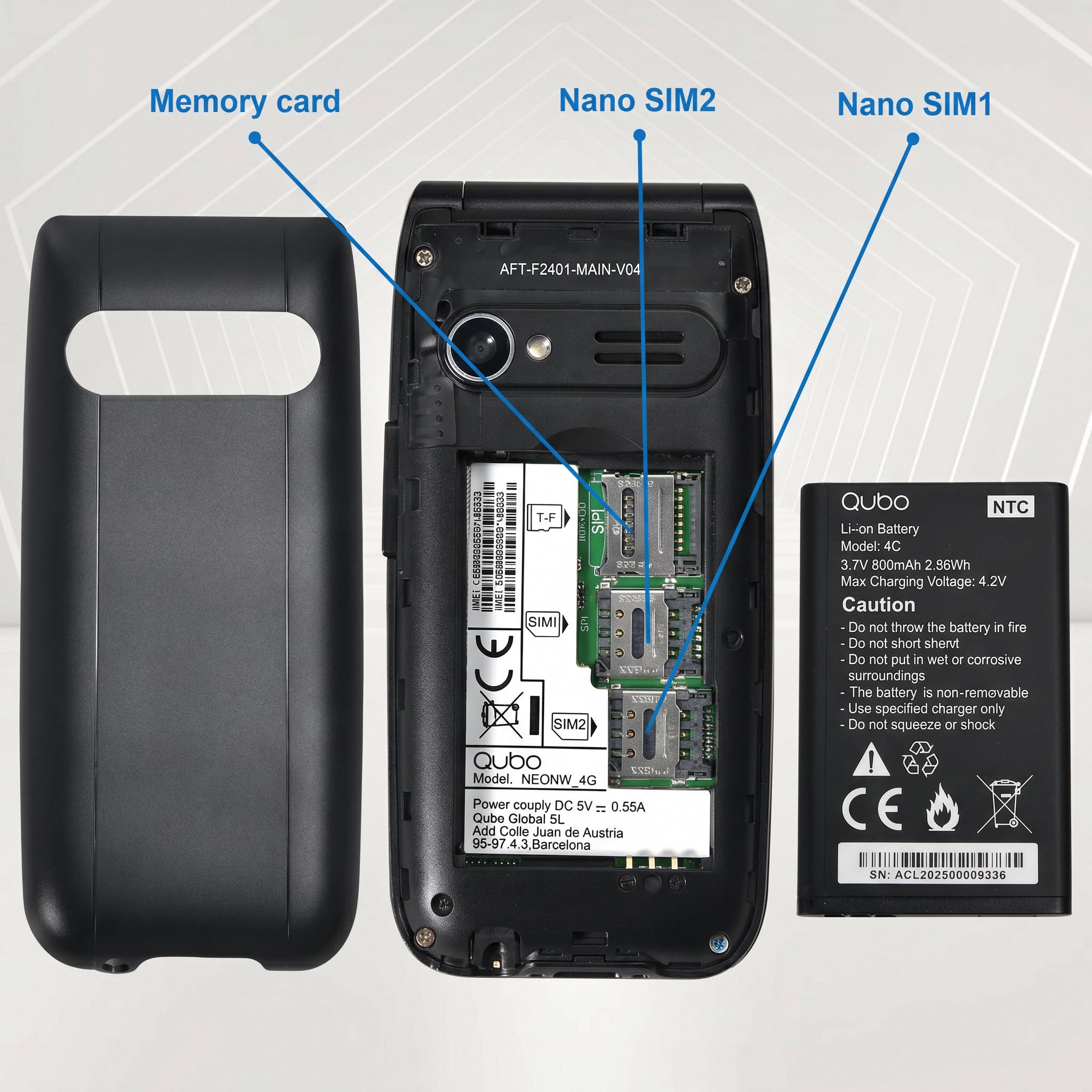 Qubo Telefono Cellulare per Anziani 4G, Flip con Tasti Grandi,Display 2.4", Volume Alto,Funzione SOS,Chiamata Rapida, cellulare anziani, Nero