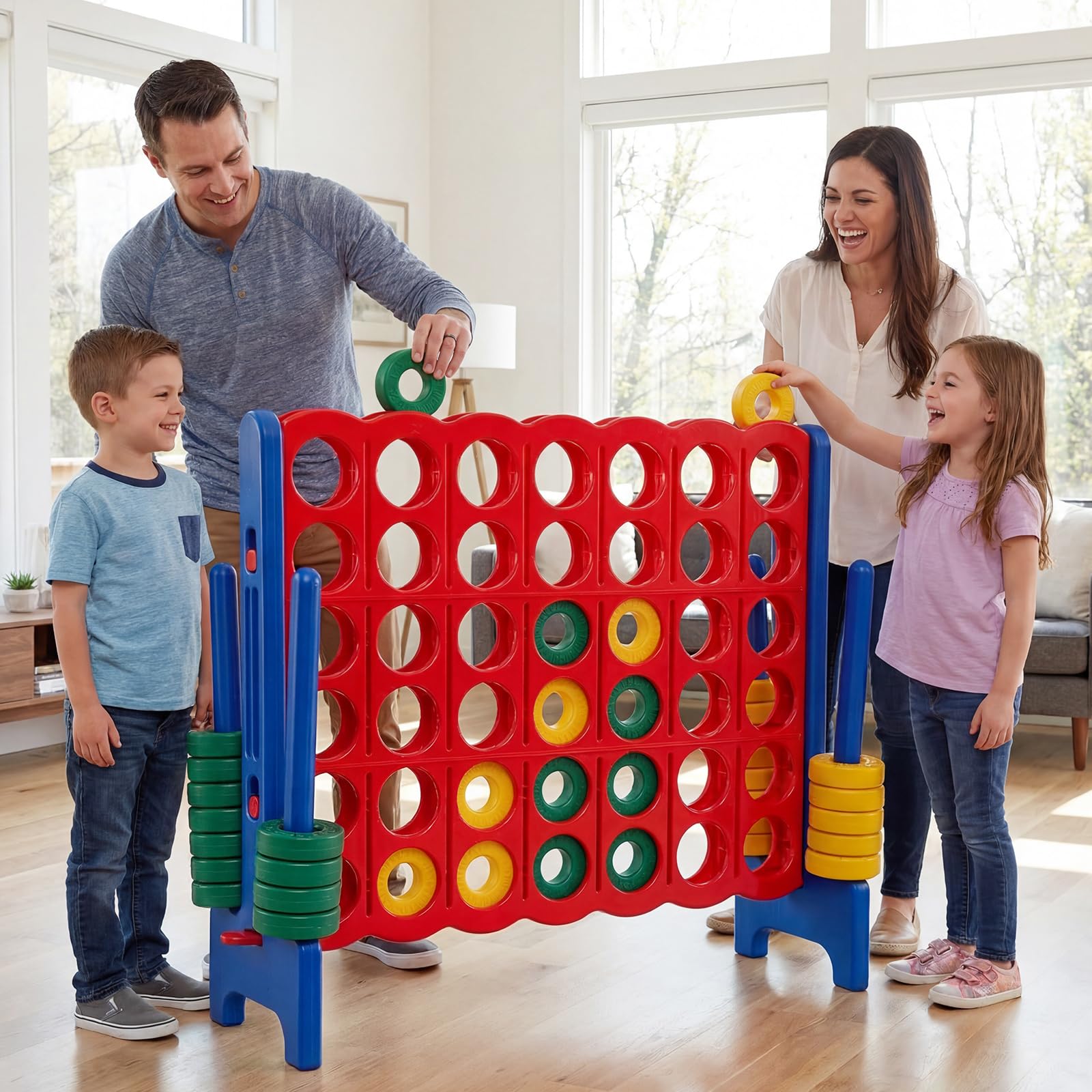 GOPLUS Puissance 4 Géant avec 42 Anneaux, Levier, Porte-Anneaux Latéraux, Plateau en Plastique, Jeu de Société Éducatif 4-en-Ligne pour Réunions de Famille Intérieur/Extérieur, 2-4 Joueurs (Bleu)