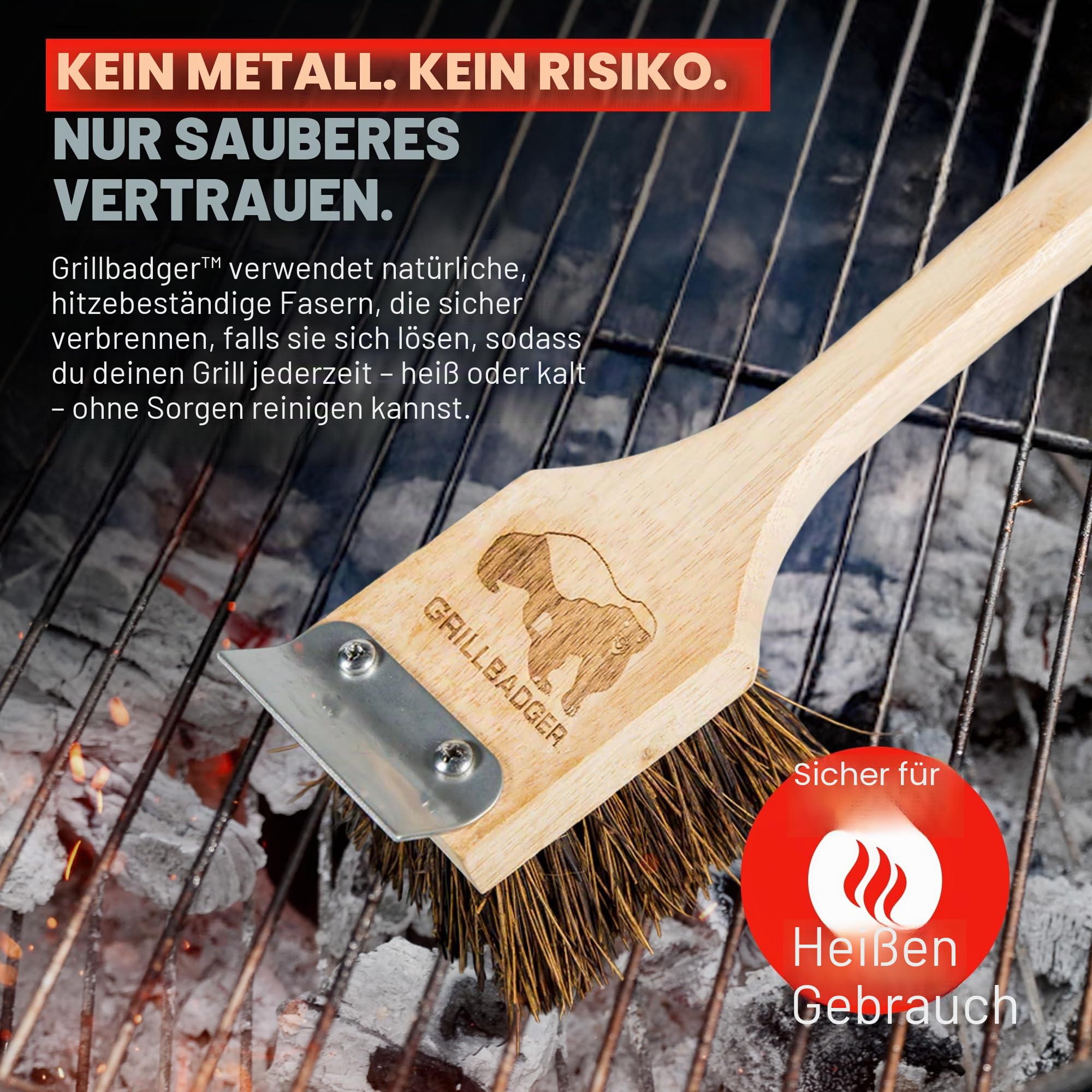 The Original Grillbürste für Grillroste im Freien, hitzebeständige Grill-Reinigungsbürste, langlebiger Grillreiniger aus Holz mit Schaber, sicher für Gusseisenroste – Naturholz