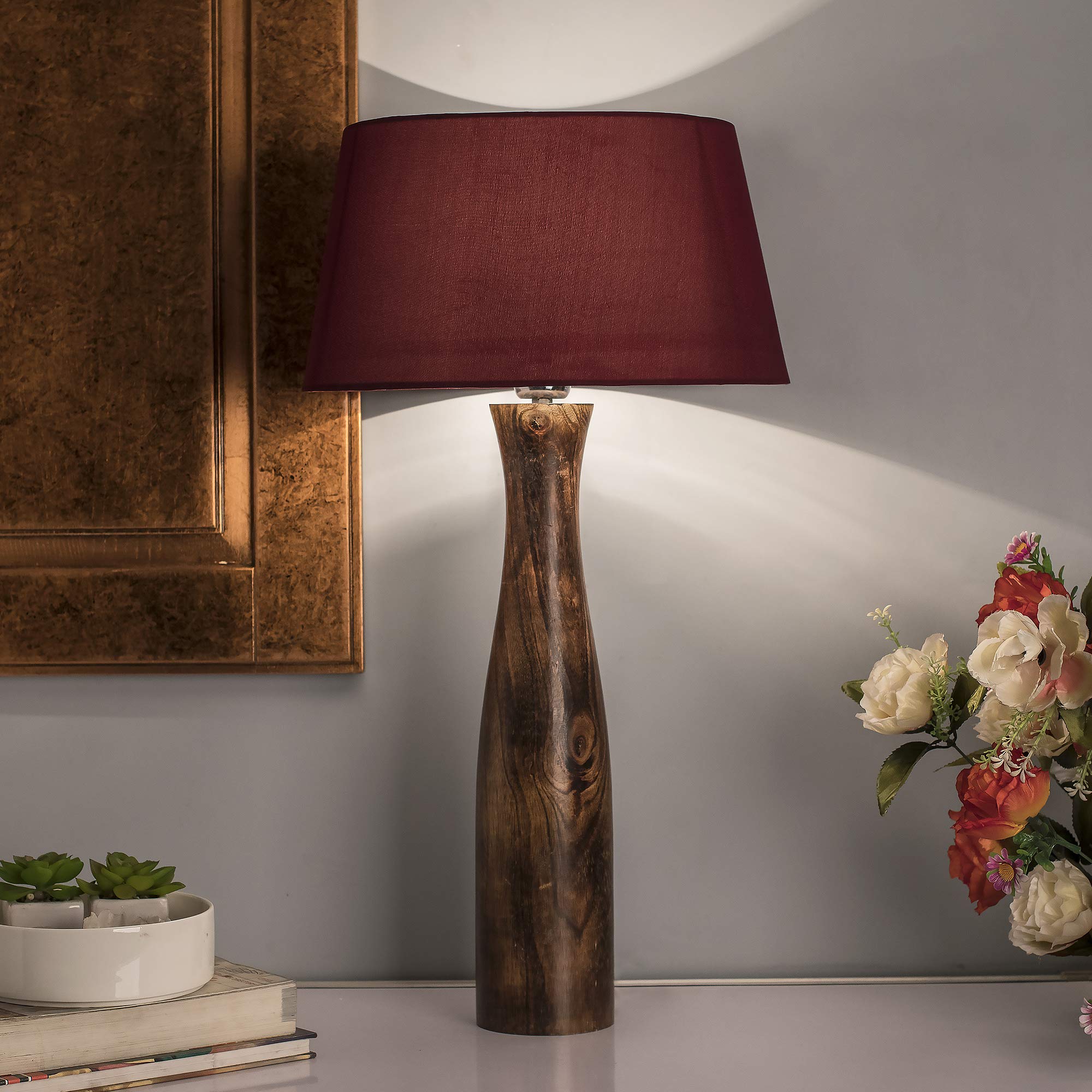 Homesake Wood Antique Solid, Timber Turned Table Incandescent Lamp With Empire Red Shade.-picture-10