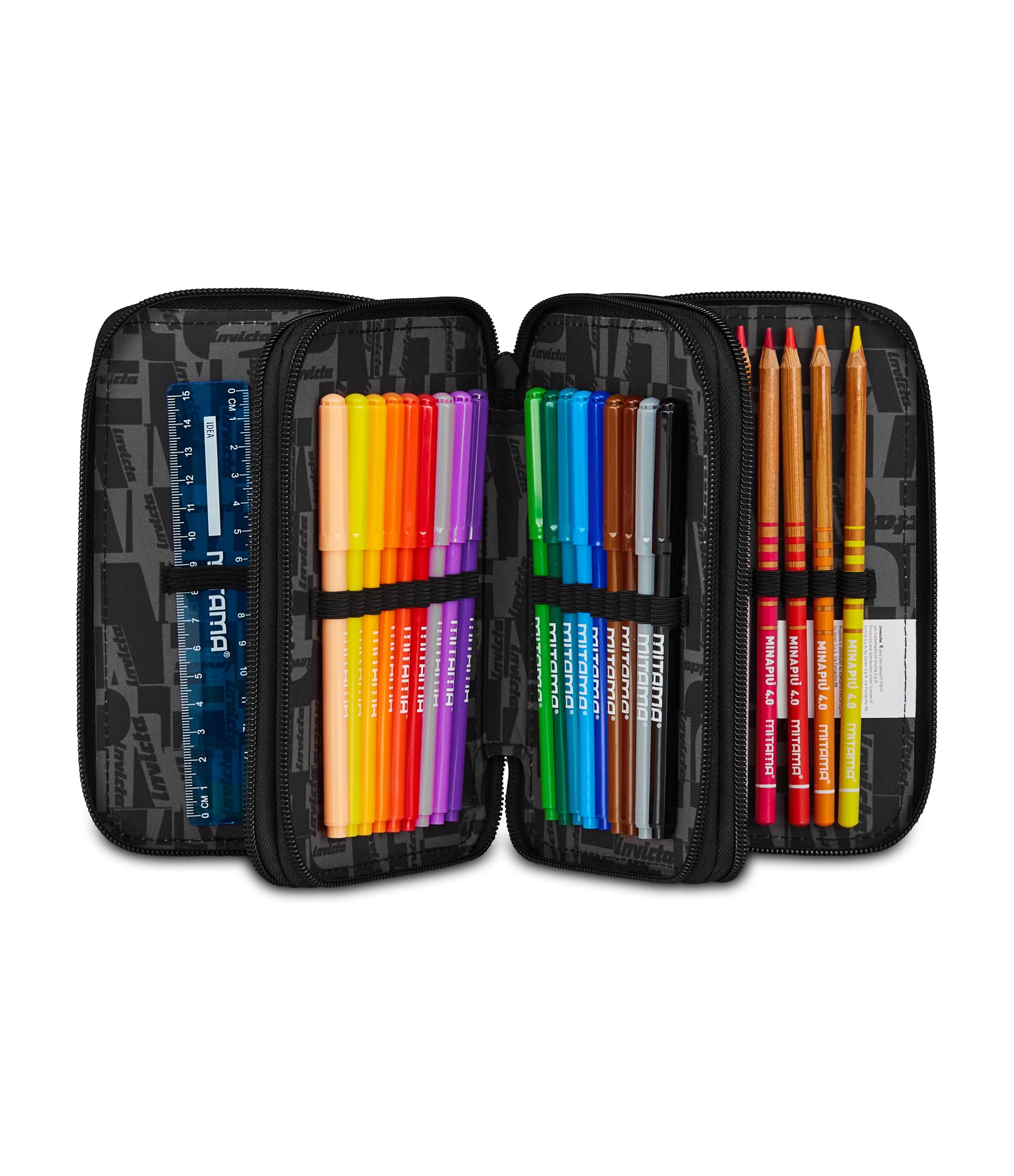 Invicta Schulmäppchen mit 3 Reißverschlüssen, Fantasy, schwarz, Stiftehalter, Dreifachfach, komplett mit Stiften, Bleistiften, Farben, Zubehör Rucksack, Grundschule, Kinder, Schwarz, Modern