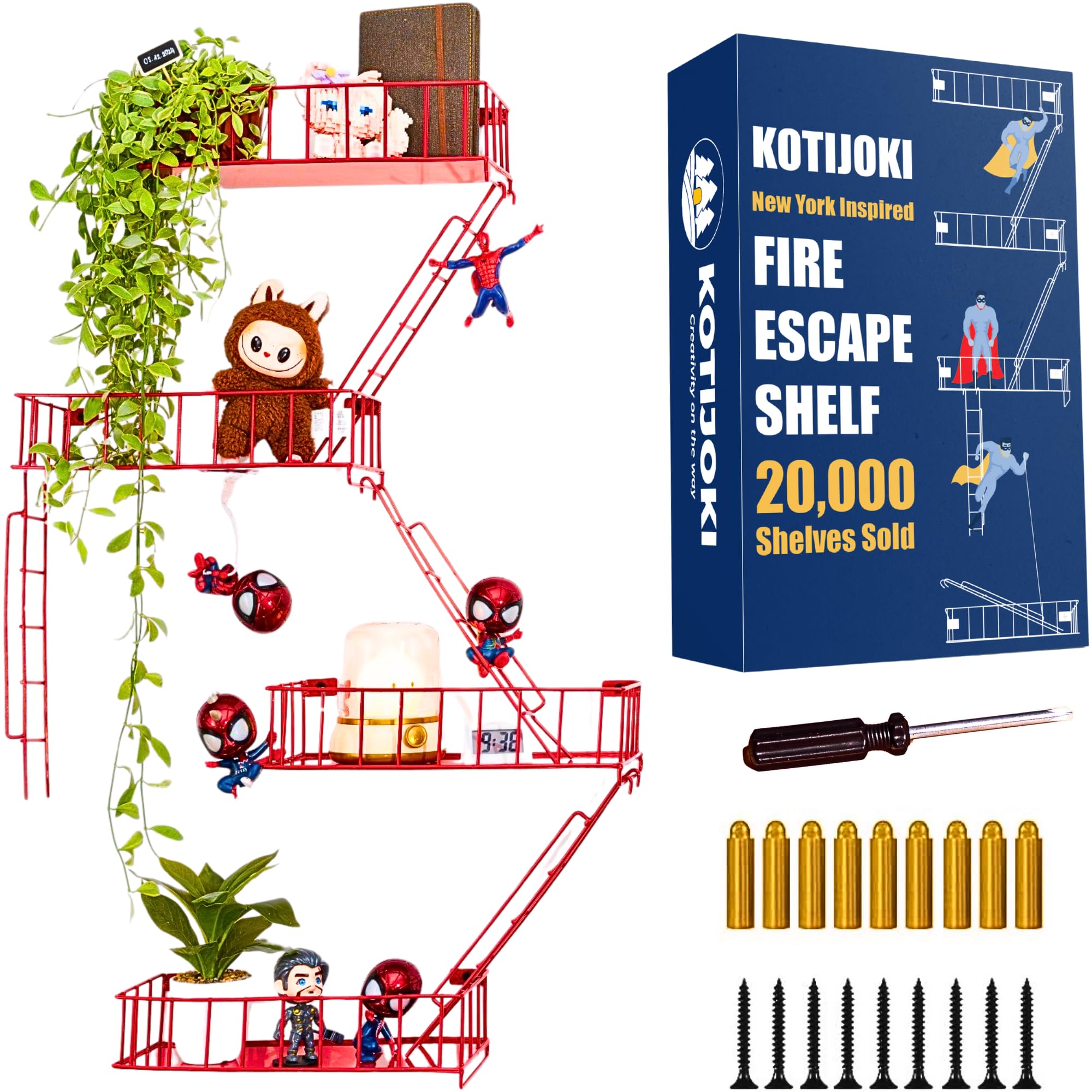 4 Tier Fire Escape Wall Shelf – New York Decorative Floating Shelf – Wall Art Ladder Shelf – Red Metal Trinket Shelves for Bedroom, Home, Office,