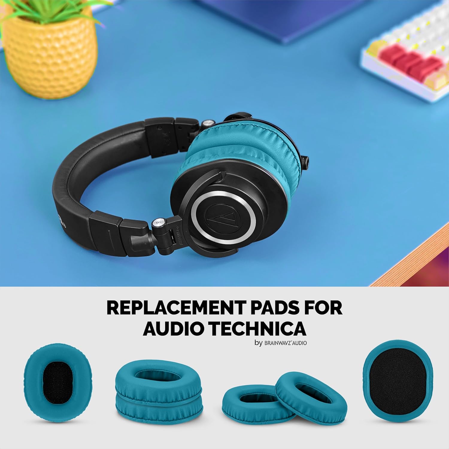 Replacement Earpads for ATH-M50X, M50xBT, M50RD, M40X, M30X, M20X, SX1 & MSR Audio Technica Headsets. Soft PU Leather with Memory Foam for Extra Comfort & Durability by Brainwavz (Turquoise)
