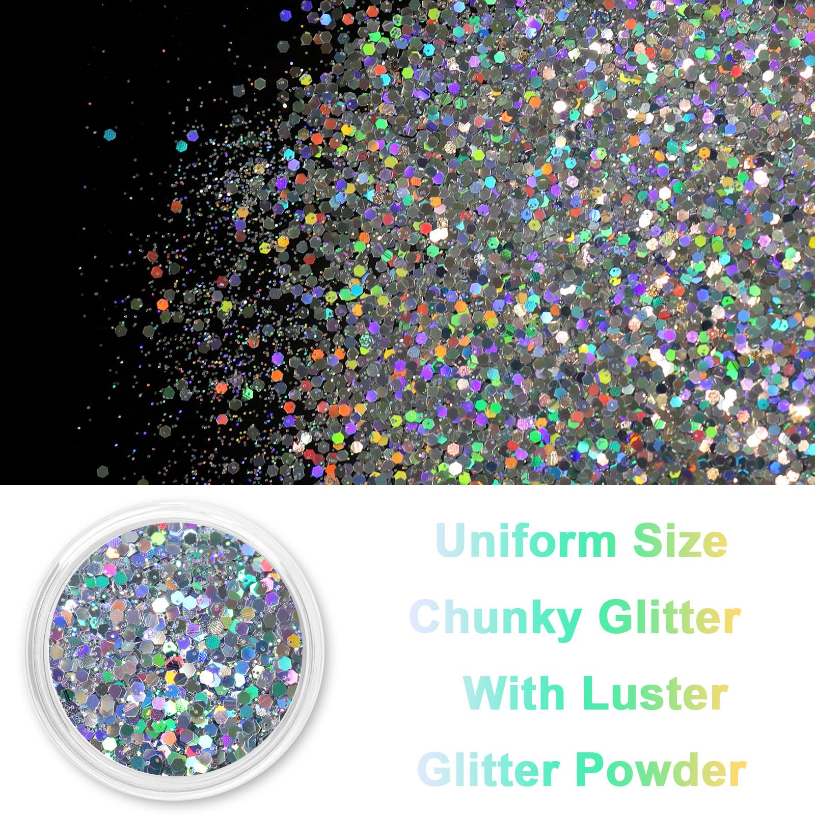 Renfio Holographic Glitter 60g Chunky Medium Size Glitter Mix Ultra Fine for Crafts Silver Glitter Sequins Resin PET Flakes for Nail Art Tumblers Slime Diamond - Image 2