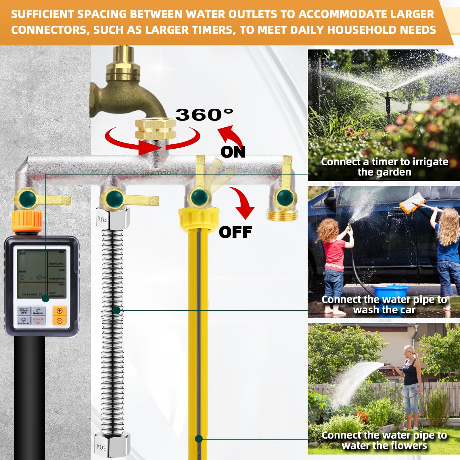 Divisor de manguera de jardín, divisor de grifo de 4 vías, adaptador de manguera divisor de grifo de latón resistente de 3/4 pulgadas, conector de grifo de mango de metal extendido con válvulas