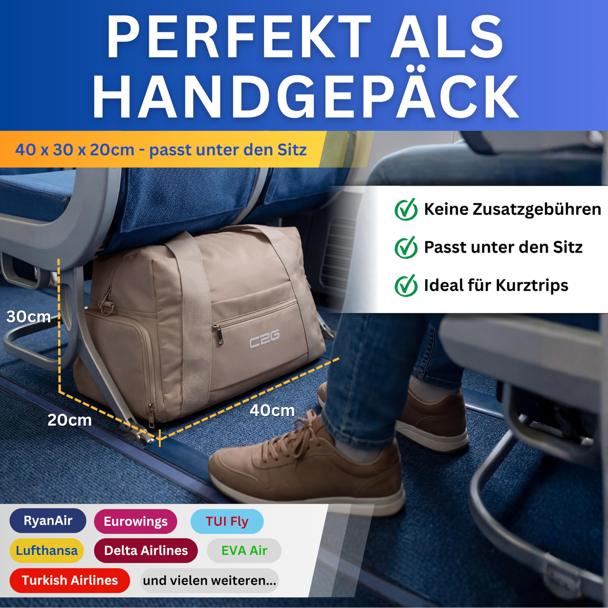 Handgepäck Tasche 40x30x20, 20L Ryanair Handgepäck fürs Flugzeug, Gym Tasche, Ryan Airlines Bag, Weekender Damen, Reisetasche, Travel Bag
