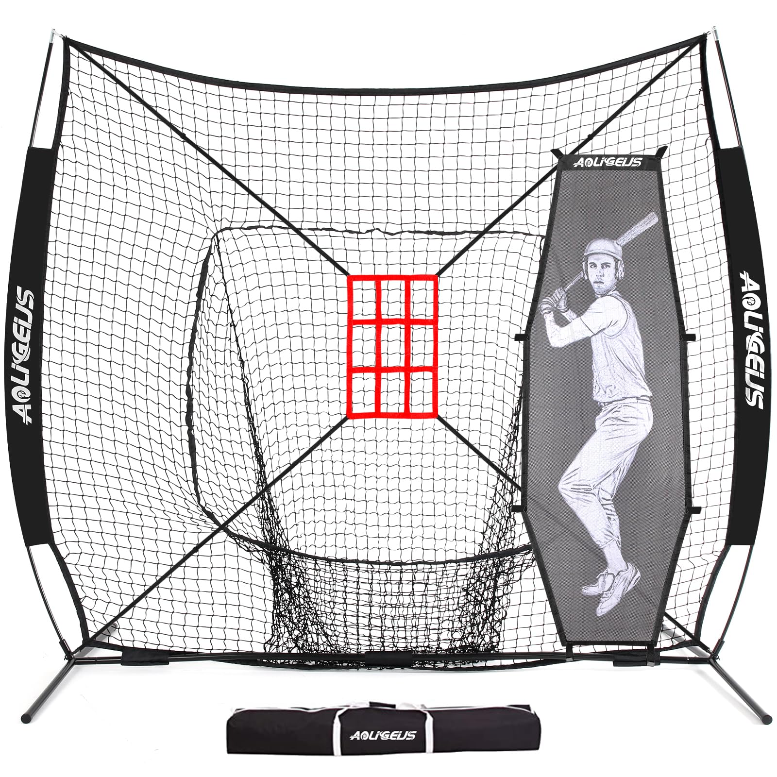 AOLIGEIJS 7'X7' Baseball Softball Practice Net,Pitching Net,Batting Net,with Baseball Tee,Bonus Strike Zone and Bow Frame,for Hitting,Pitching,