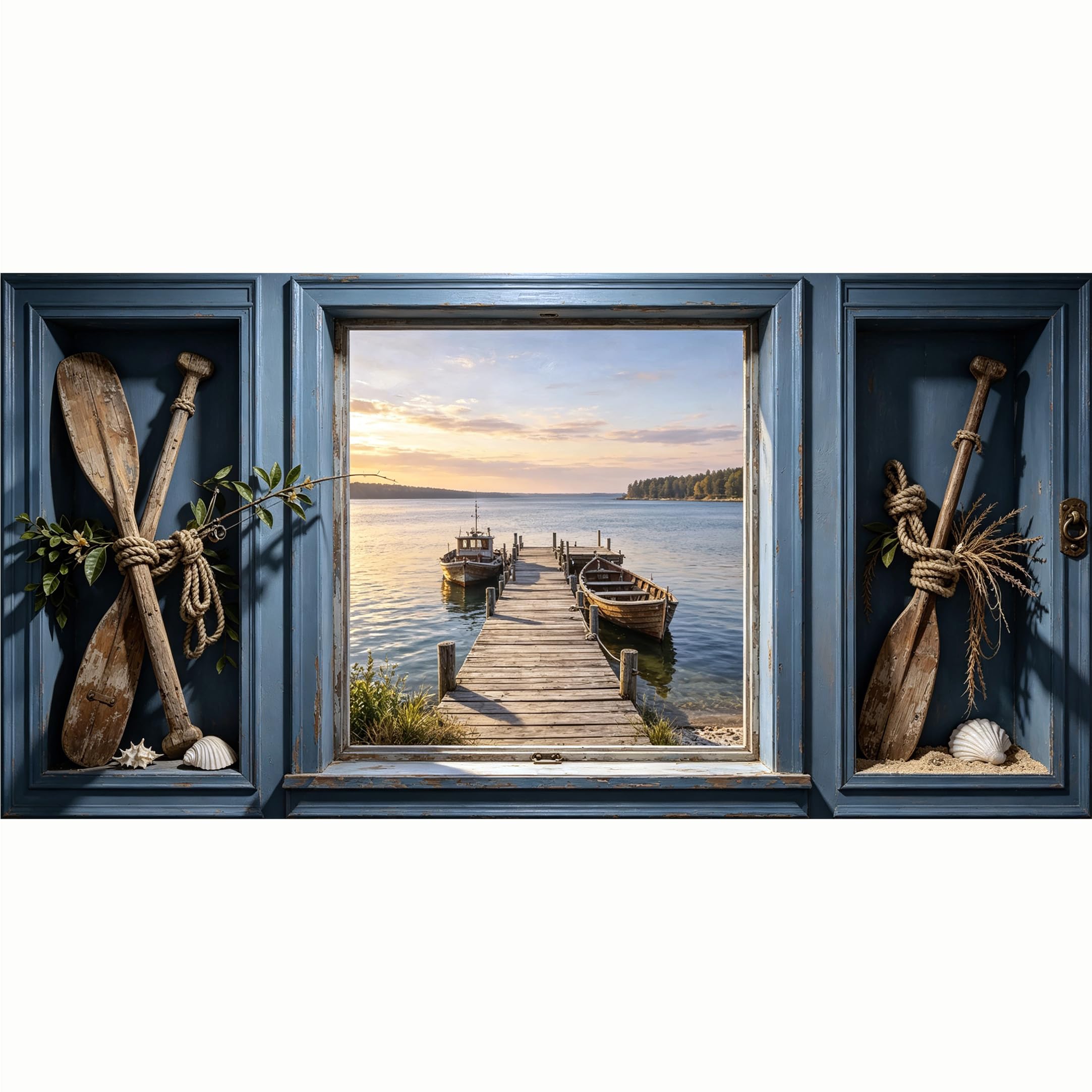QZLITHOTIC 50x100cm 3D Framed Wall Art， Coastal Lake Pier Boats View Trompe l'oeil SelfAdhesive Mural， WaterActivated Peel & Stick Fabric Decor Wall Decal for Bedroom Living Room