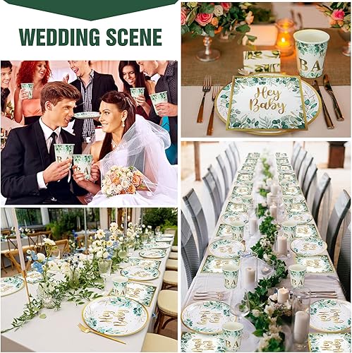 Miniatura 5 de Skylety Juego de 200 platos de baby shower, tazas y servilletas de color verde salvia, juego de vajilla desechable de eucalipto, suministros de