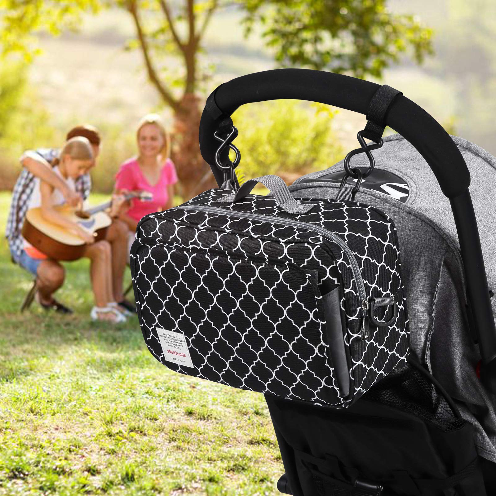 Kinderwagen-Organizer-Tasche, Zubehör mit isolierter Flaschentasche, Reinigungstaschen, Caddy Eltern-Konsole, passend für alle Kinderwagen, Schwarz