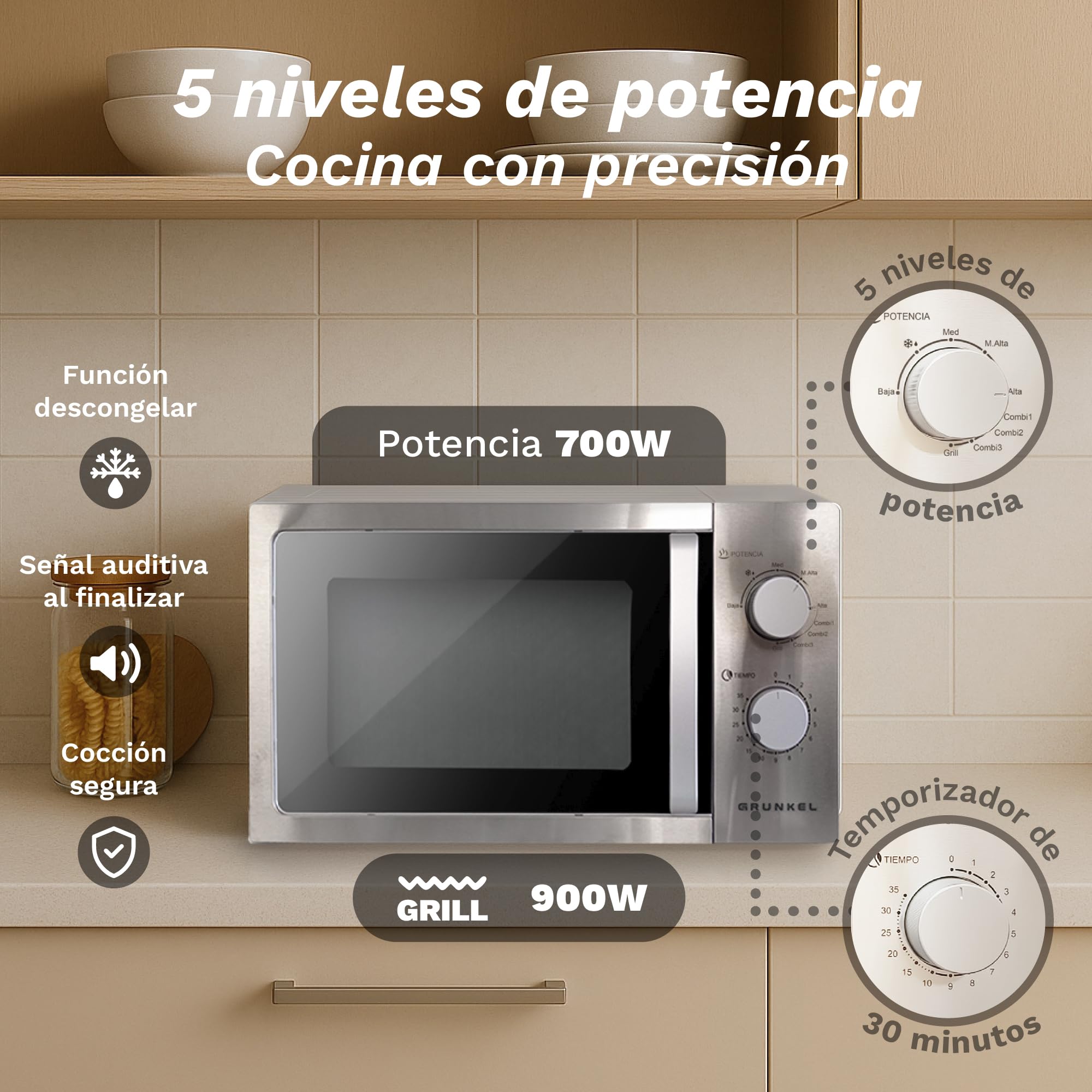 Grunkel - Microondas en color acero inoxidable de 20L y 700W y 5-6 niveles de potencia Sin/Con Grill +900W Función descongelación y temporizador hasta 35 minutos (Con Grill)