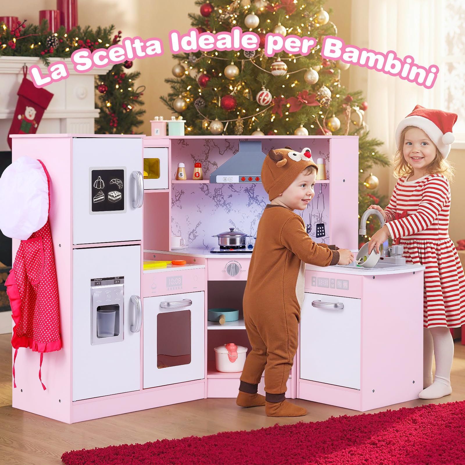 RELAX4LIFE Cucina Giocattolo per Bambini, Cucina Lussuosa in Legno con Effetti Luminosi e Sonori, Forno, Microonde, Macchina del Ghiaccio Lavastoviglie e Lavagna, Regalo per Bambini 3+ Anni (Rosa)