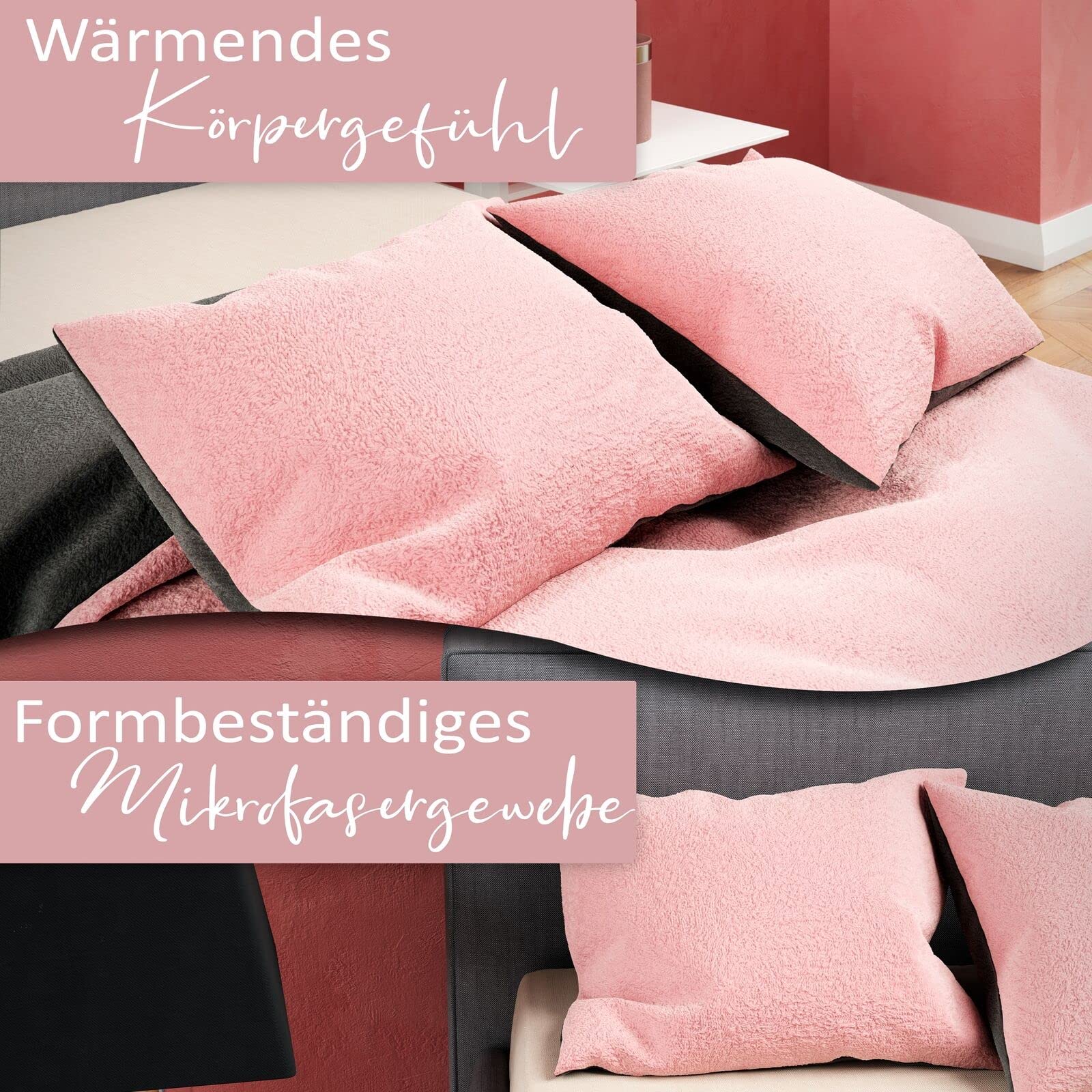 Leonado Vicenti Winter Plüsch Bettwäsche 240x220 cm Premium Cashmere Touch Warme Uni Fleece Bettwaren Bezug Anthrazit Rosa