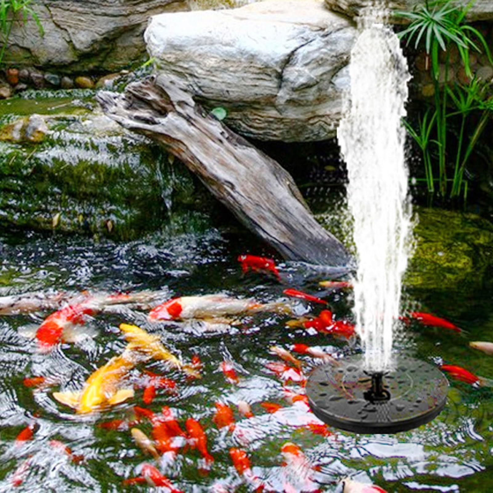 Fuente de Energía Solar, con Batería de 1500 MAh, Panel de Vidrio de 23 Cm, Altura de Rociado de 60 Cm, 7 Boquillas, Luces LED Que Cambian de Color para Jardín, Estanque, (6W Diámetro 23CM)