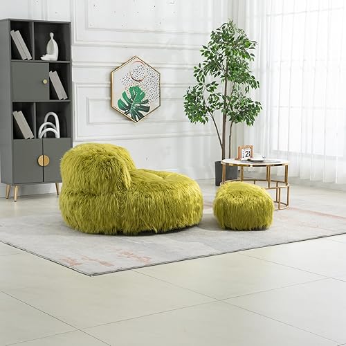 Miniatura 4 de Puf de piel sintética con otomana, sofá perezoso de felpa suave y esponjosa con reposapiés, silla mullida para adultos y niños, beige