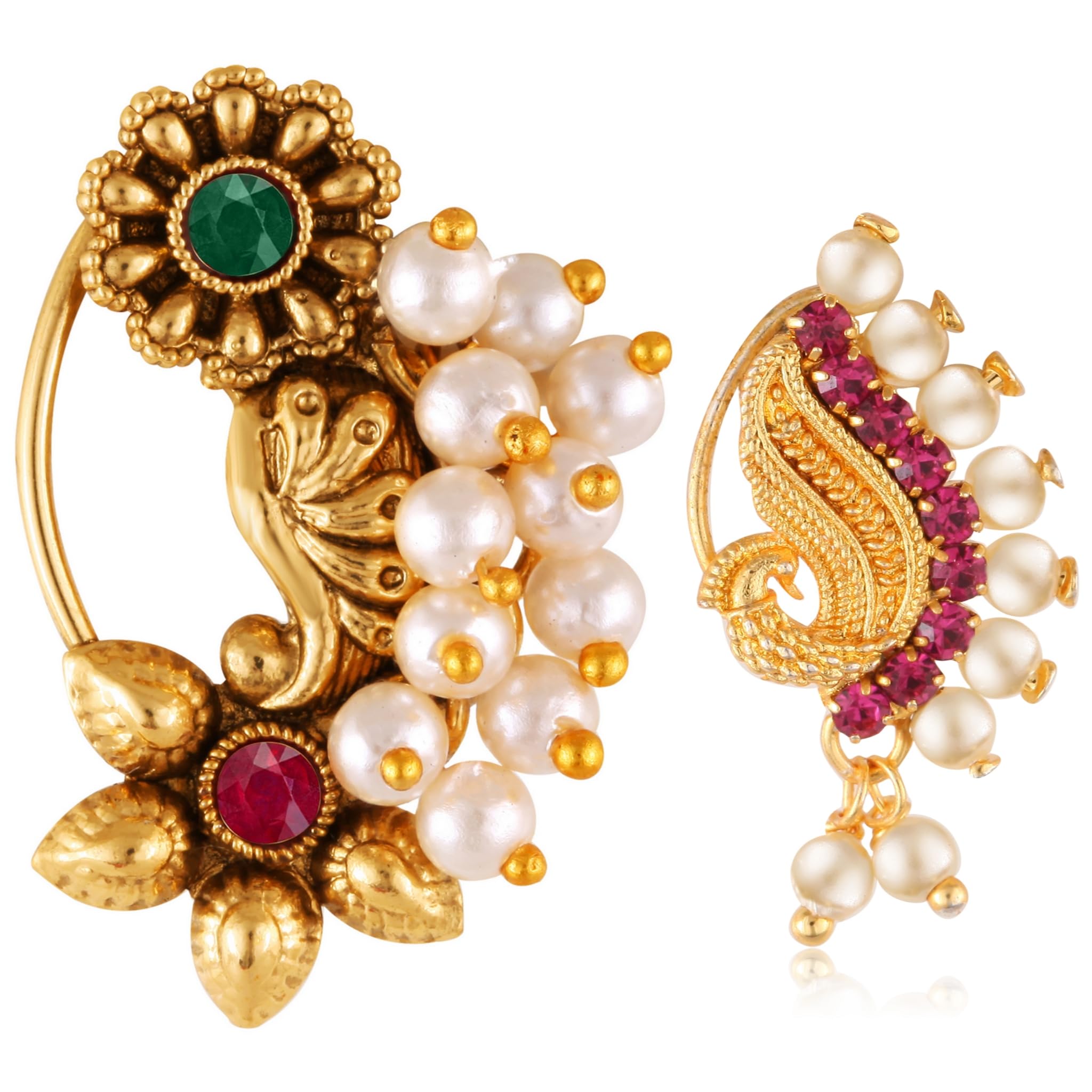 VFJ VIGHNAHARTA FASHION JEWELLERYVighnaharta Green Red CZ stone and Pearls moti Nath Nathiya./ Nose Pin for women[VFJ1180MULTI-1080RED-NTH-PRESS]