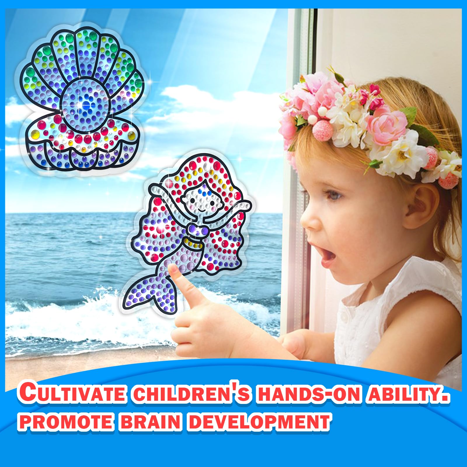 Yazhiji 6 Sheets Mermaid Diamond Window Art Craft Kits for Kids Suncatcher Set for Ages 6 7 8 9 10 Seaweed DIY Painting for Girls or Boys Six+ Years Old Gemstone Sticker as Easter Party Dec - Image 3