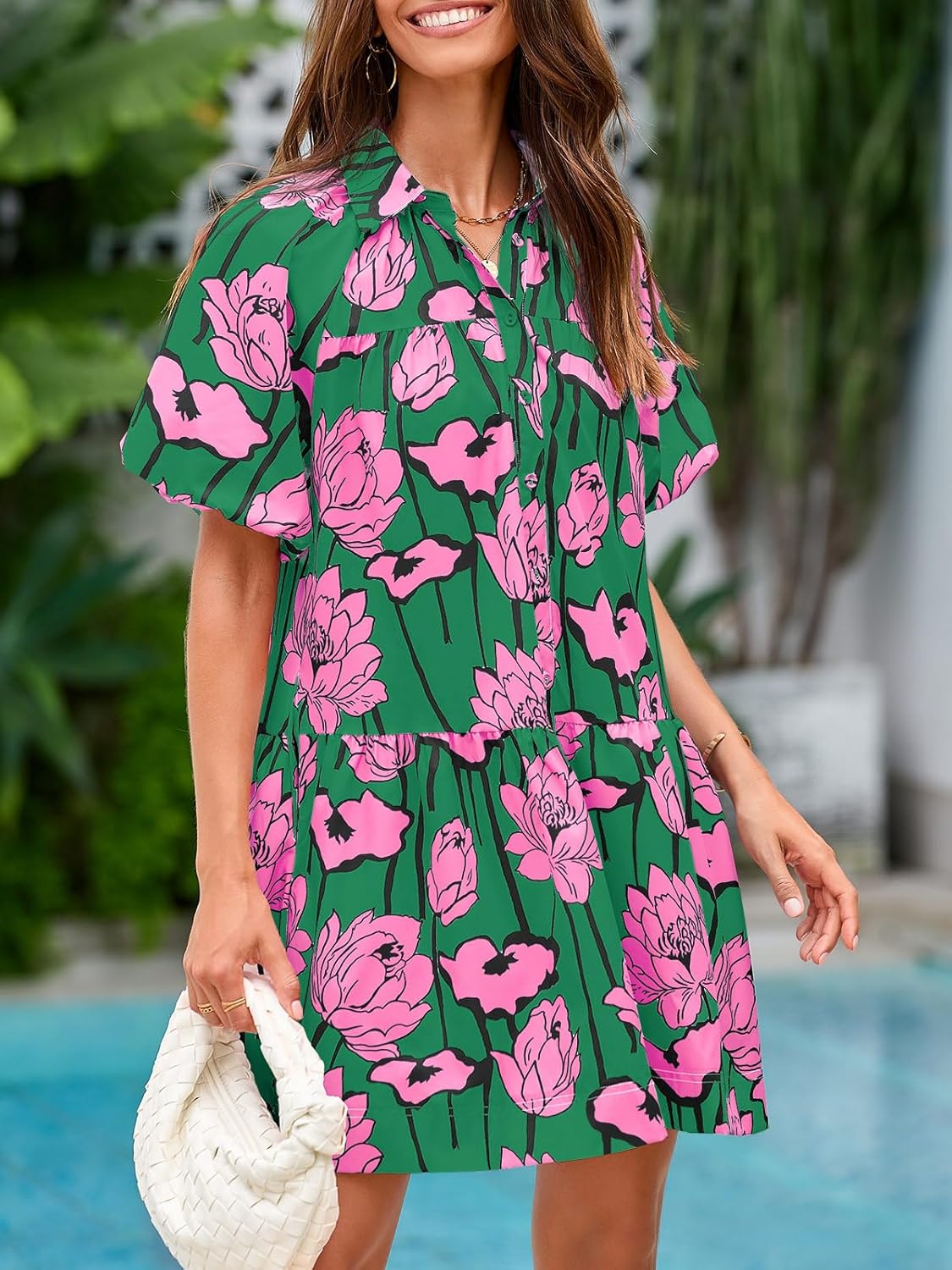 Wenrine Women's Summer Button Down Shirt Dress Floral Puff Short Sleeve Casual Loose Fit Beach Mini Dresses - Image 5