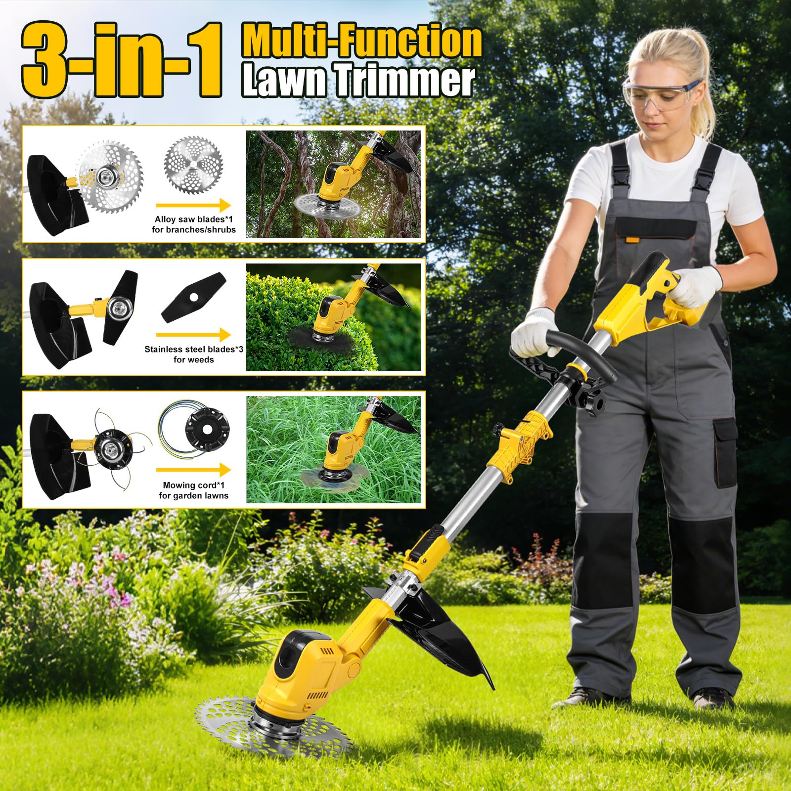 Desbrozadora a Batería para Dewalt 20 V, Cortabordes Eléctrico con Cepillo de Malas Hierbas, Mango telescópico(Ancho de Corte de 24 cm, 9000 R/min) para podar césped de jardín (sin batería)
