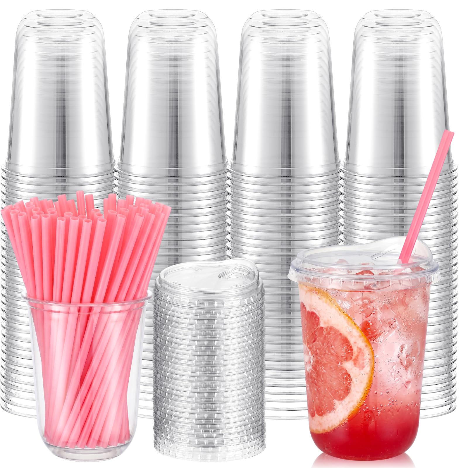 Photo 1 of *** some missing **** Ziliny 200 Sets Clear Plastic Cups with Heart Shaped Pink Straws and Strawless Lids Disposable Round Bottom PET Cups for Iced Coffee Cold Beverage Party Wedding Bridal Shower (Clear,16 oz)