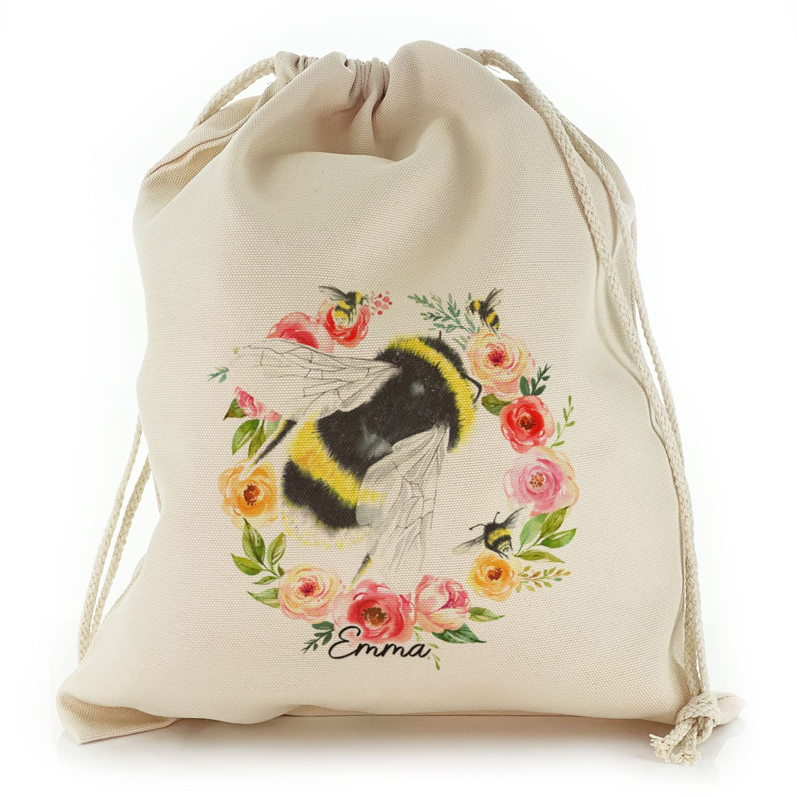 Personalised Gift Bag, Reusable, Bee Gift Bag, Pink Rose Bumble Bee Floral Design Drawstring Sack, Garden Seed Storage Bag Customised with With Name/Initials/Text, Sizes: XXS, XS, S, M, L, XL