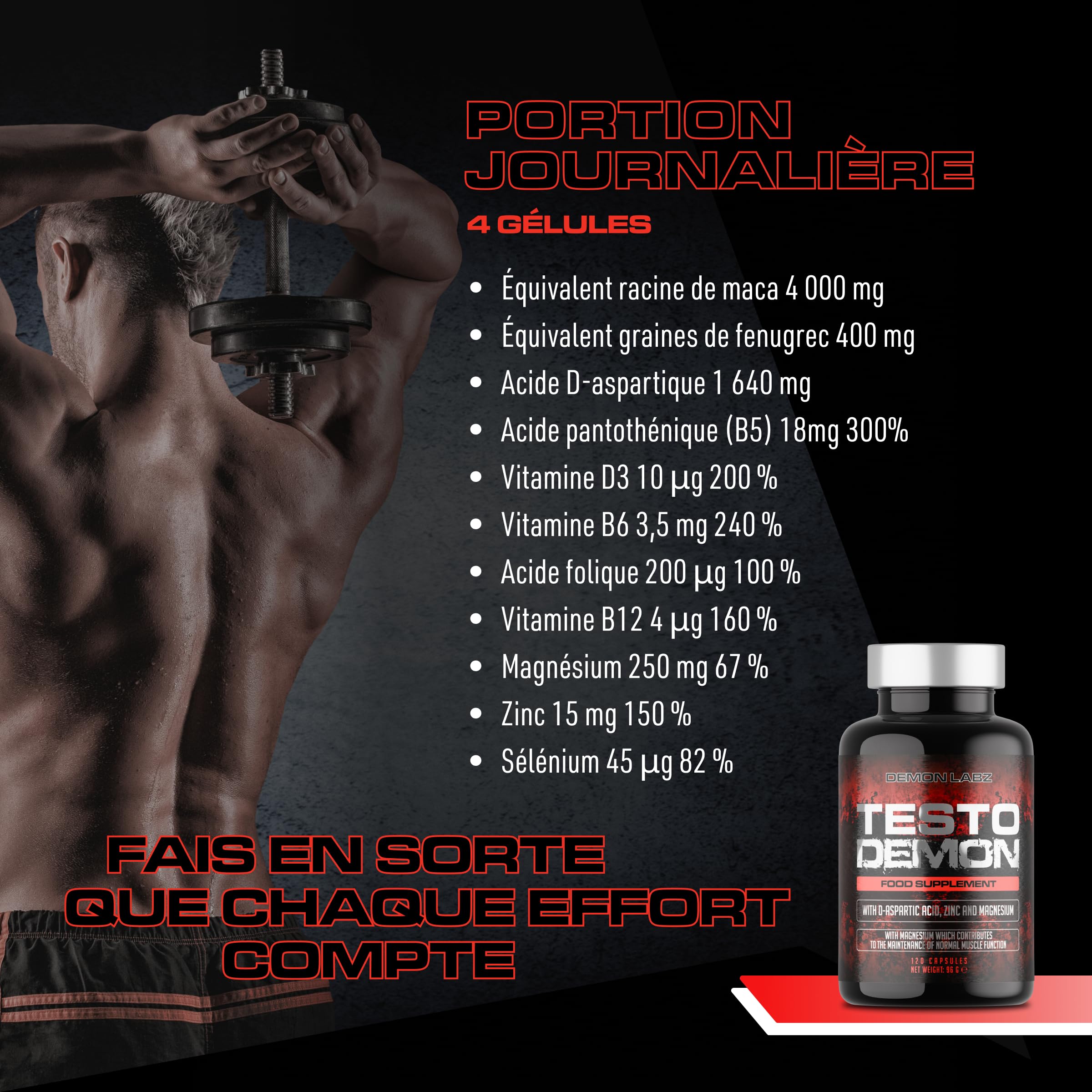 Testo Demon – Complexe Zinc & Acides Aminés pour hommes avec Maca, Vitamines B et Extraits Botaniques – 120 Gélules (30 Portions)