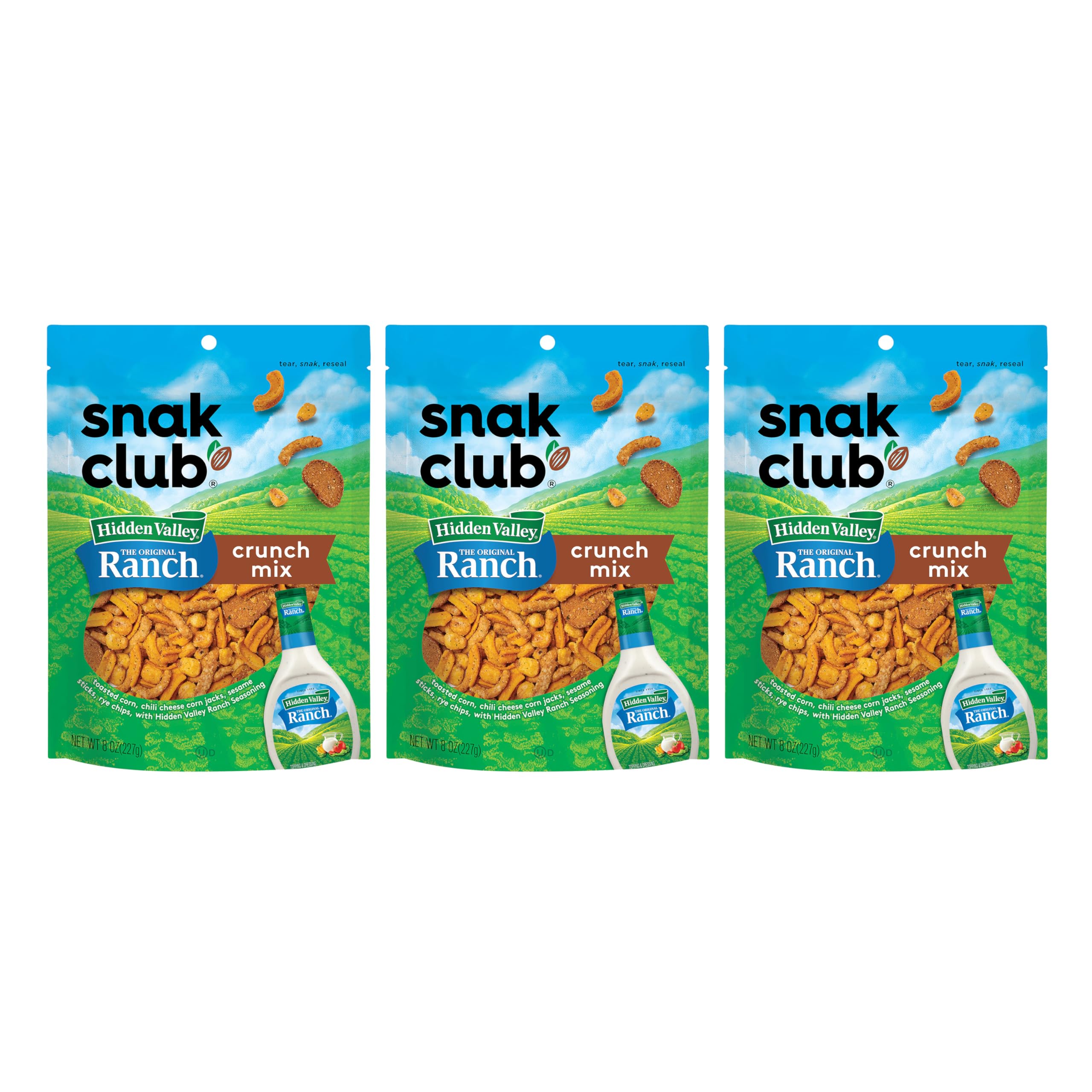 Snak ClubCrunch Mix with Hidden Valley Ranch Seasoning, Toasted Corn, Chili Cheese Corn Jacks, Sesame Sticks, and Rye Chips, Kosher Snack, 8 oz Resealable Bags, 3 Pack