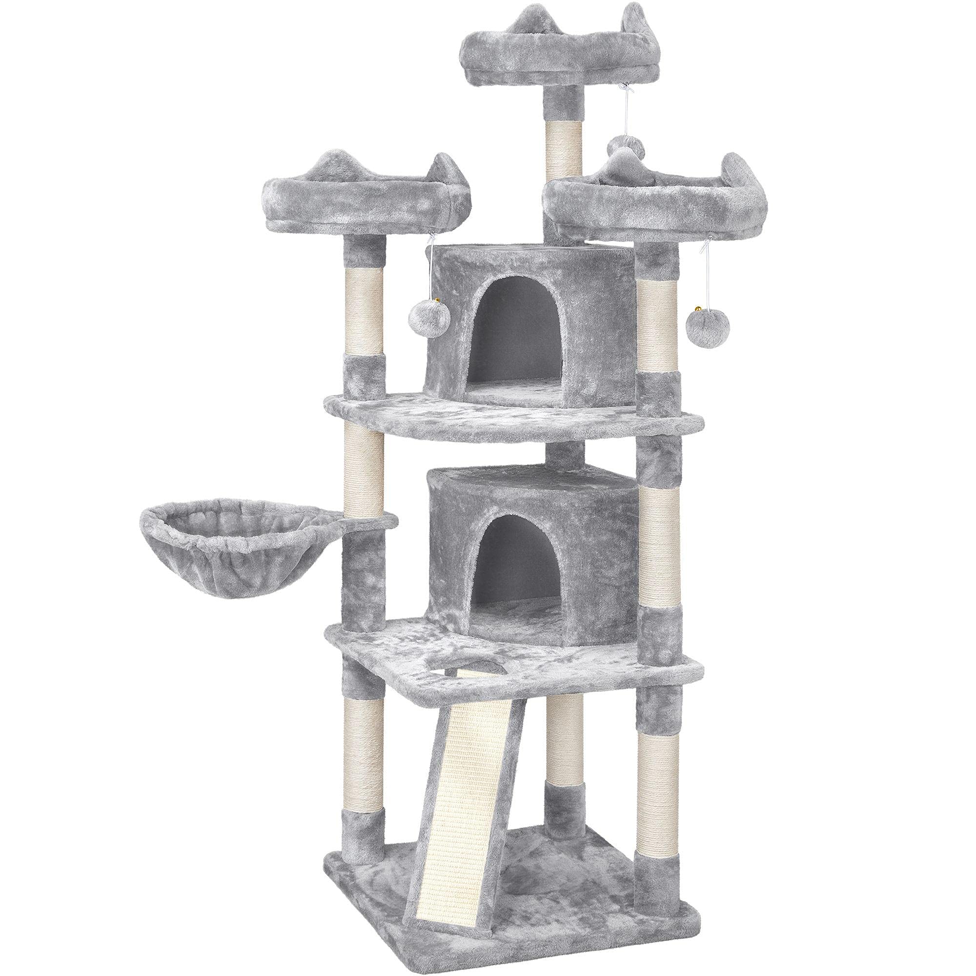 Yaheetech Árbol Rascador para 3-5 Gatos Adultos de Altura 175 cm Grande Torre para Gatos Mascota con 3 Plaraformas Gris Claro