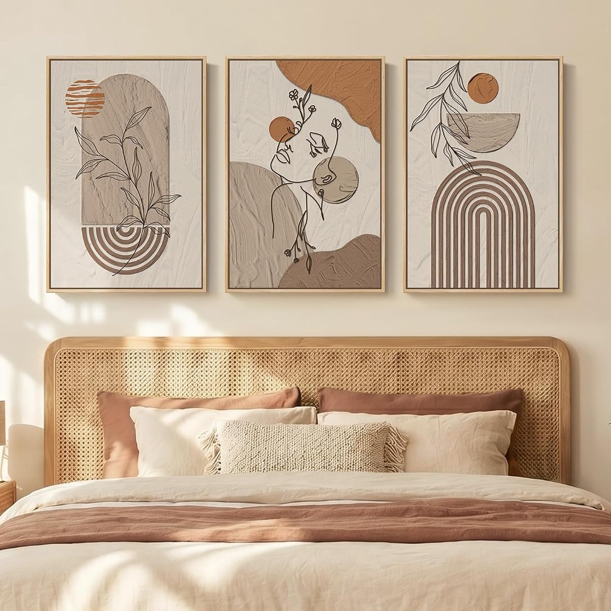 Framed Earth Tone Abstract Boho Modern Neutral Wall Art Bedroom, 16x24 Inch | Bohemian, Canvas prints, Large, Botanical painting, 3 piece, Minimalist, Terracotta, Ready to hang, Wall art for living room