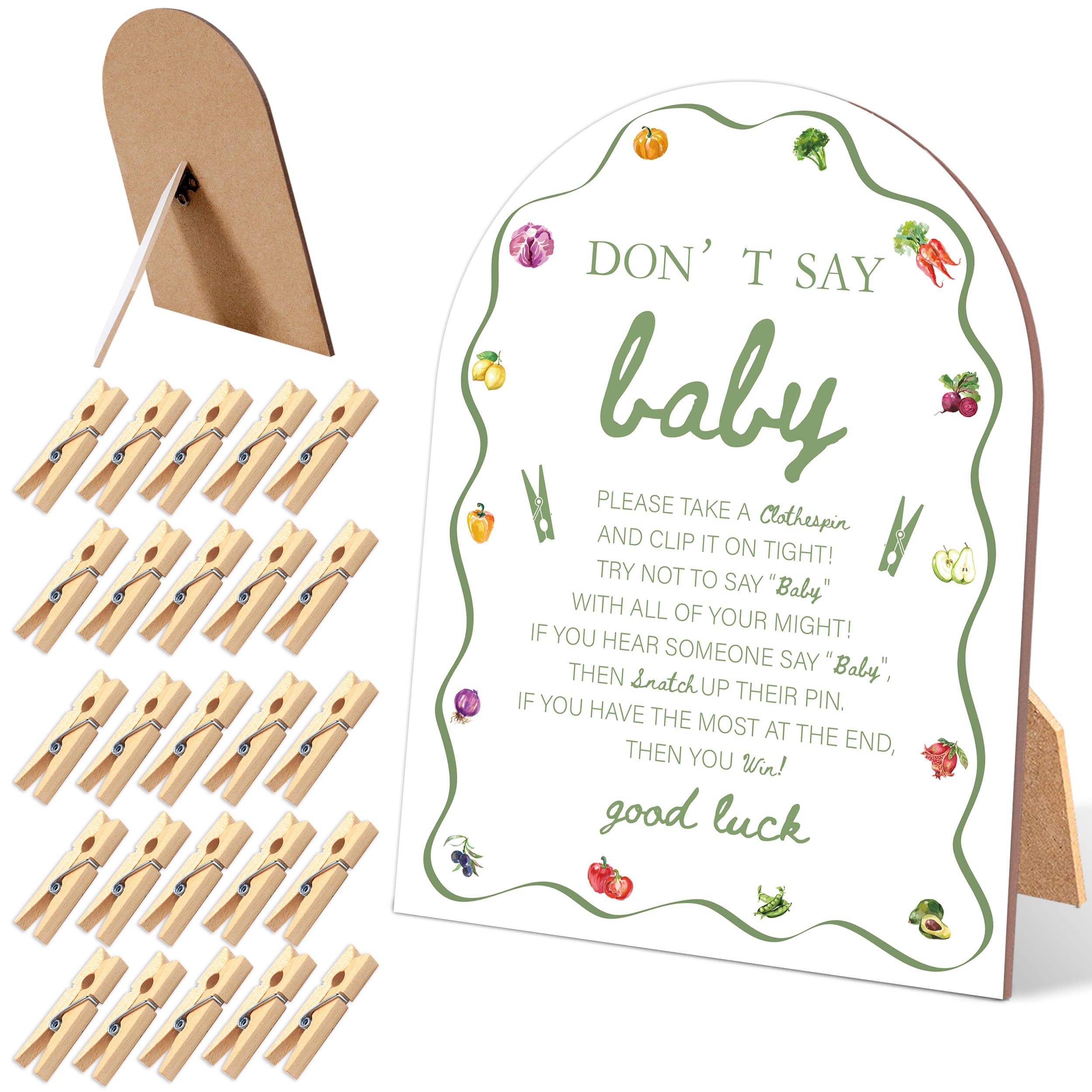 MG07 MG07 51 szt. lokalnie uprawiane "Don't Say Baby" Clothespin Game, Farmers Market Baby Shower, drewniany znak 15 x 20 cm ze stojakiem i 50 mini spinaczami do bielizny, neutralna pod względem płci
