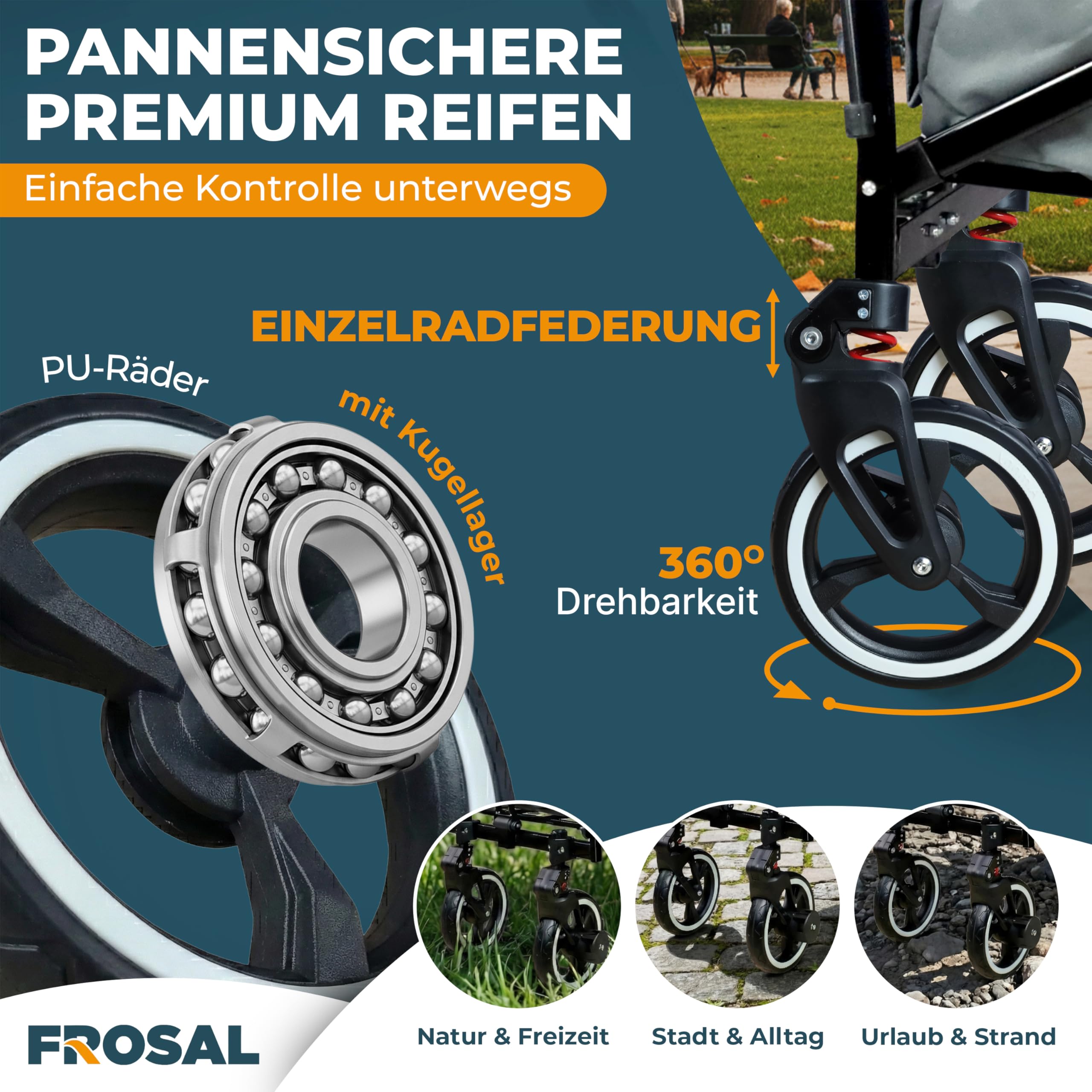 FROSAL Bollerwagen Paul faltbar mit Dach – Handwagen klappbar für Kinder, Strand, Camping & Garten – 80kg belastbar – gefederte Räder, Bremse, Schiebegriff & Zugstange – grau