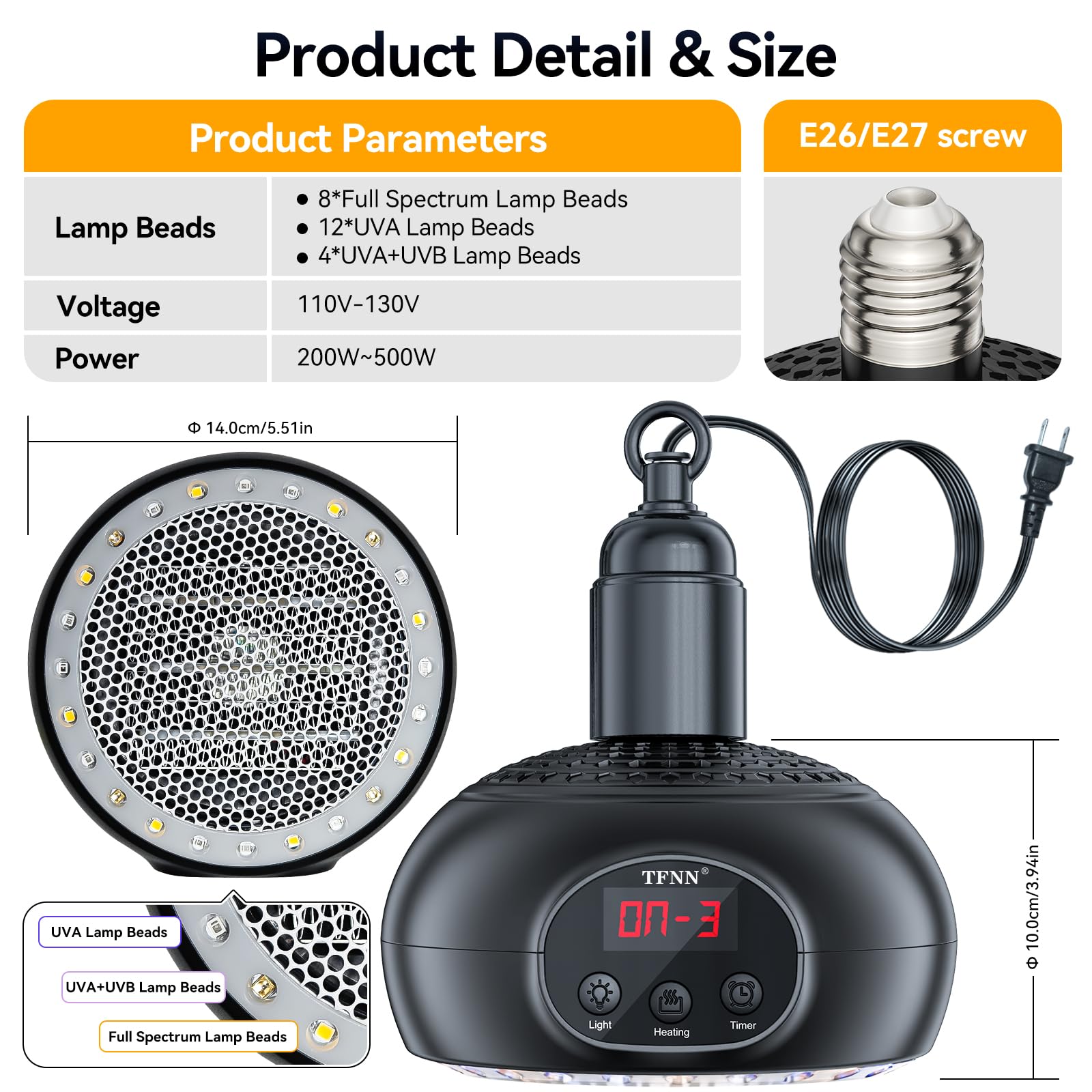 Chicken Coop Heater Lamps,200W-350W-500W Reptile Heating Lamp Upgraded with UVA UVB Ligh 3-6-9-12H Timer,Protable Greenhouse Heater for Outdoor Chicken Coop for Reptile Rabbits Dog Cats (Black) - image 2