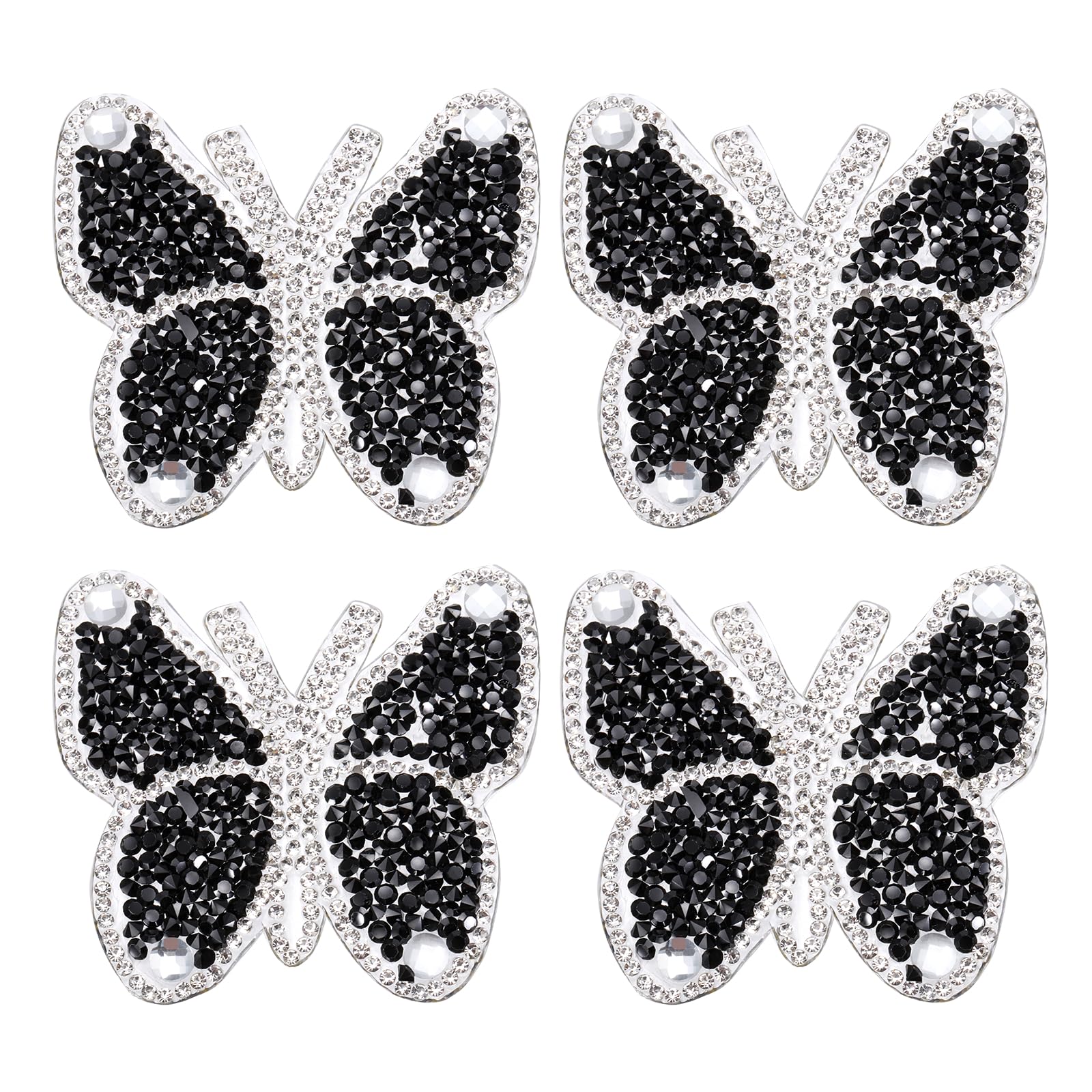 sourcing map 4 Pcs Butterfly Rhinestone Patches, Rhinestone Butterfly Iron-on Appliques Sparkly Self-Adhesive Patches for Clothing Shoes Hats Phone Case DIY Decorations, Black